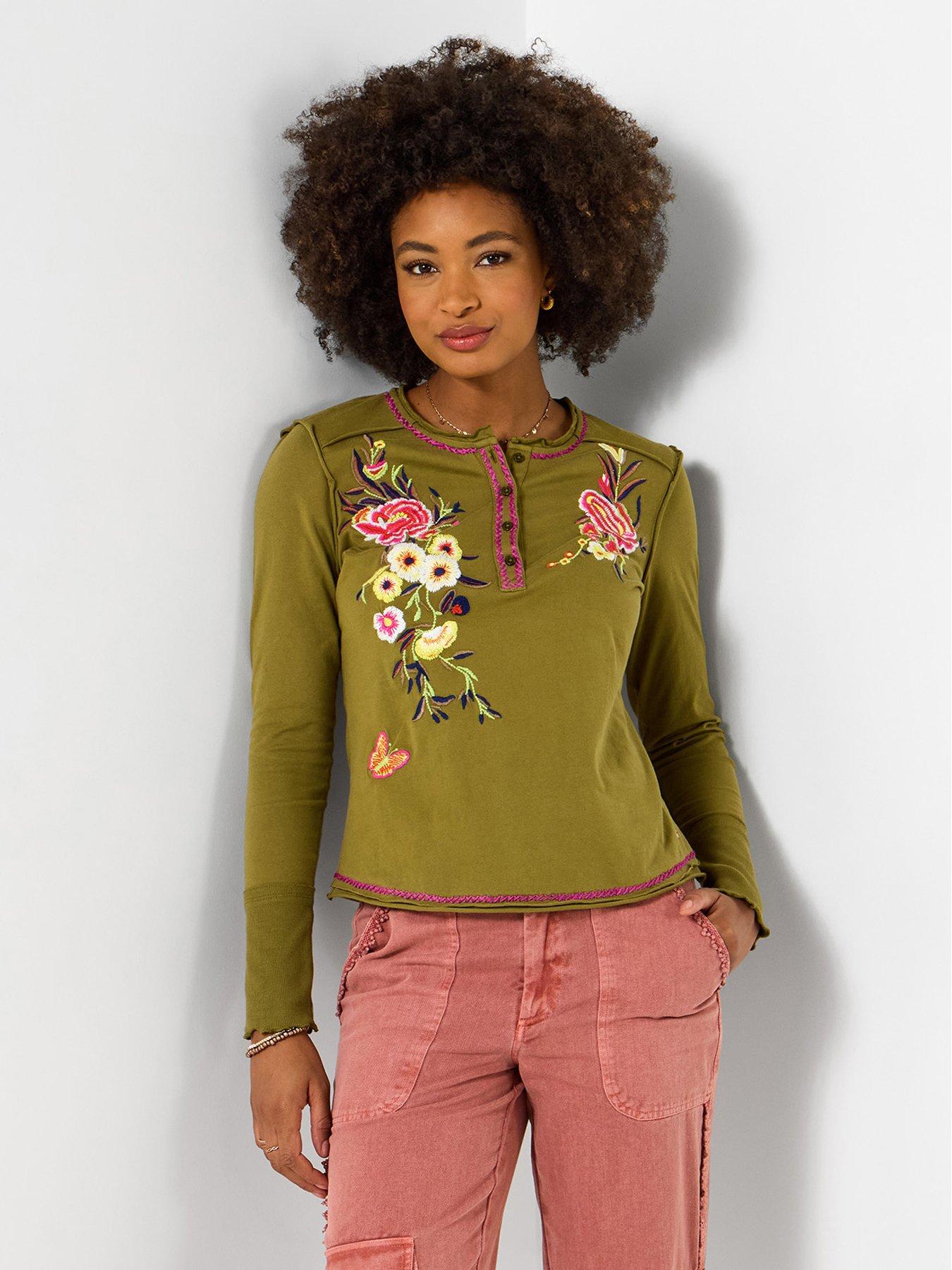 Joe Browns Gabriela Embroidered Henley Top - Green
