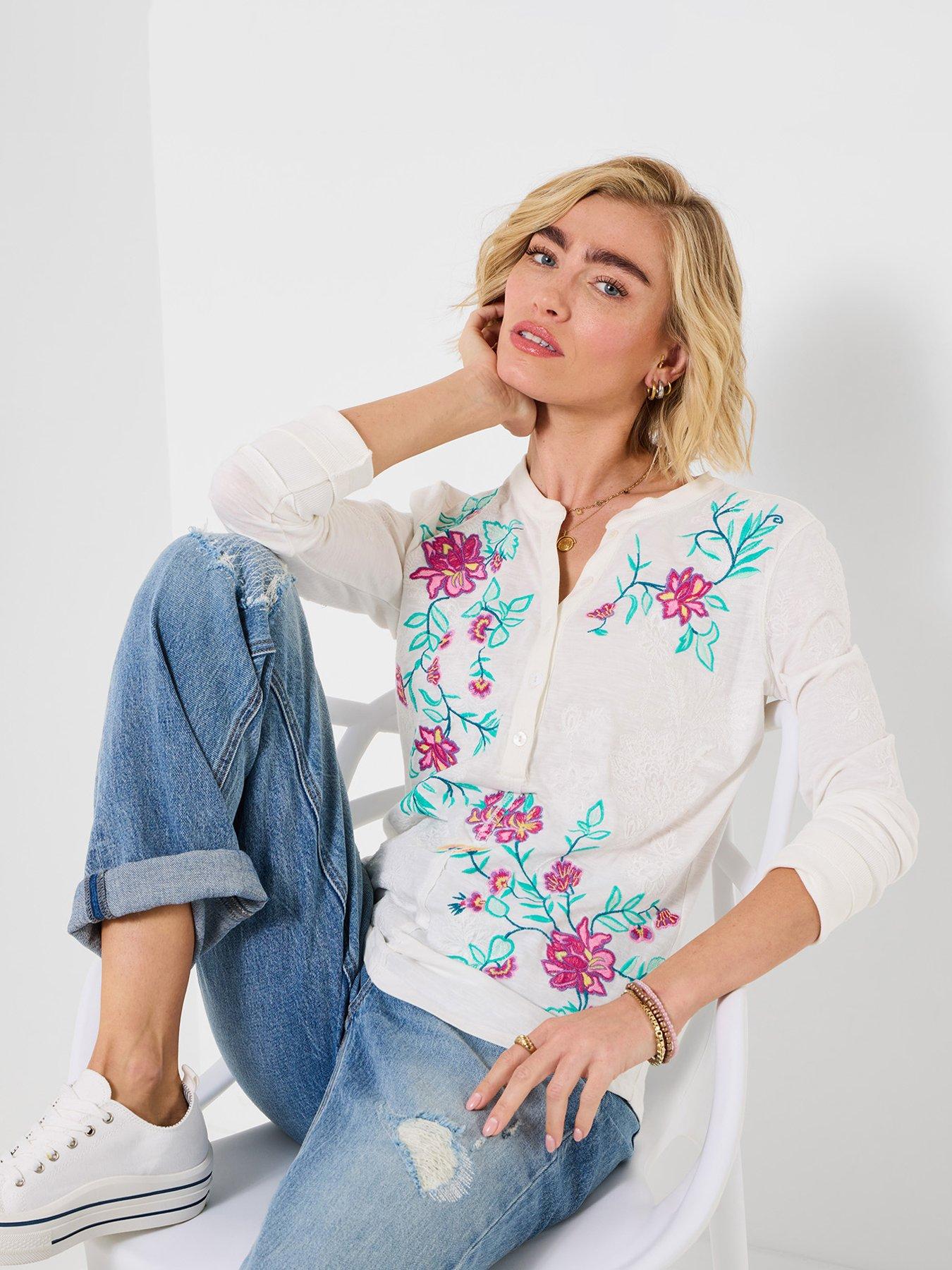 Joe Browns Fabulous Floral Embroidered Henley Top - White