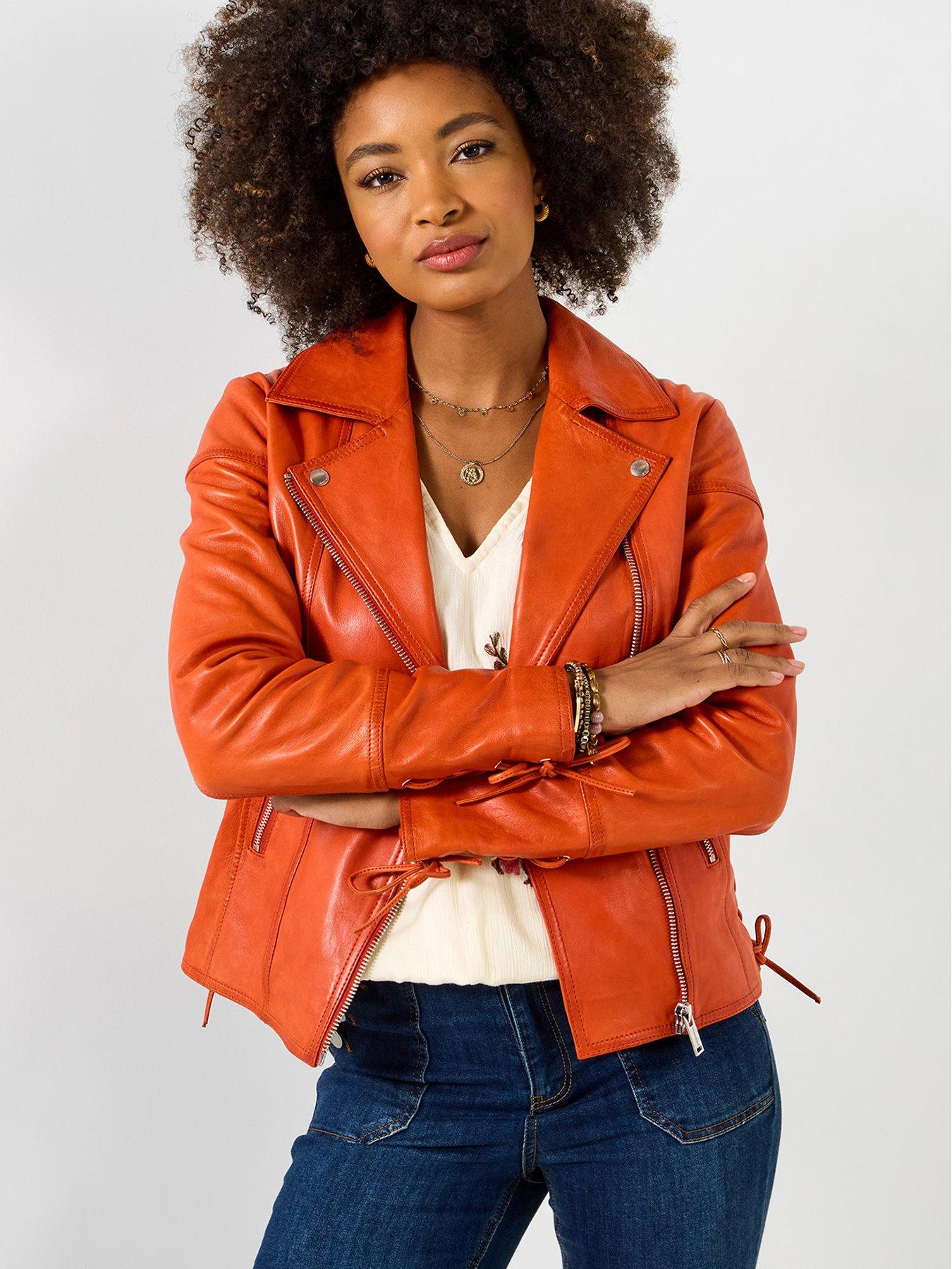 Joe Browns Louisa Leather Collared Biker Jacket - Orange