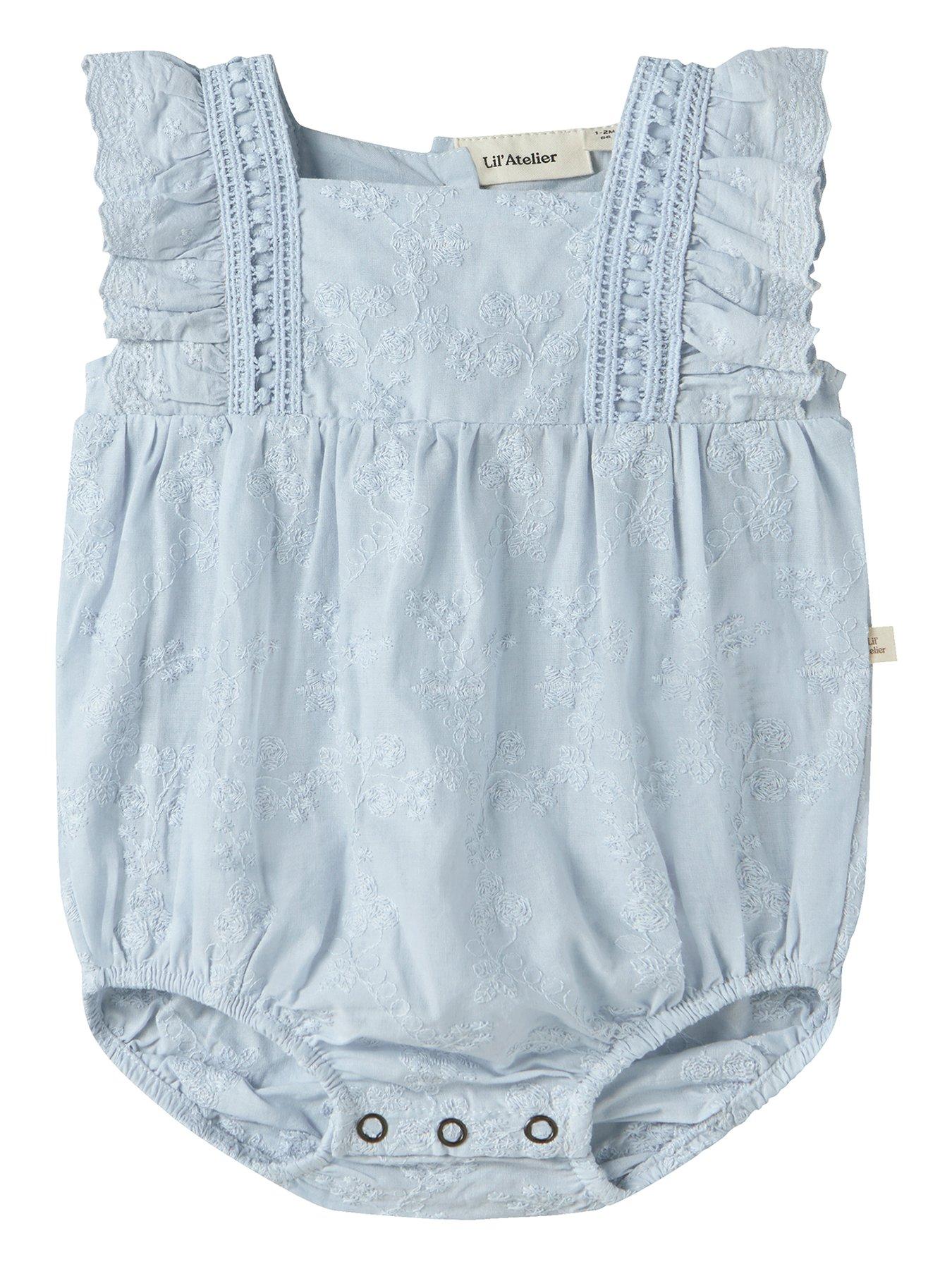 Image 1 of 3 of Lil Atelier Baby Girls Sibling Embroidered Shorty Romper - Light Blue