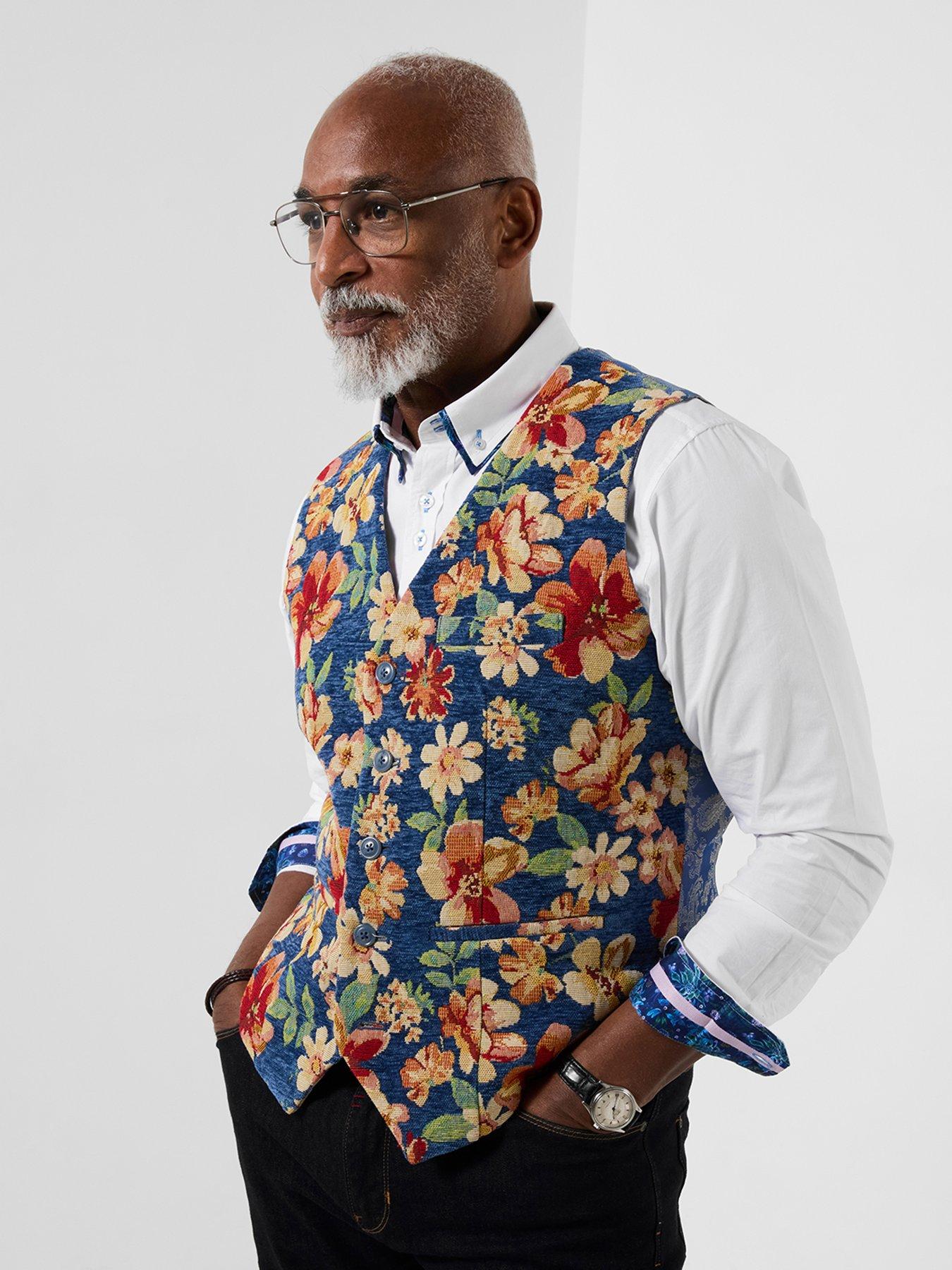 Joe Browns Jacquard Floral Waistcoat, Blue, Size 44, Men
