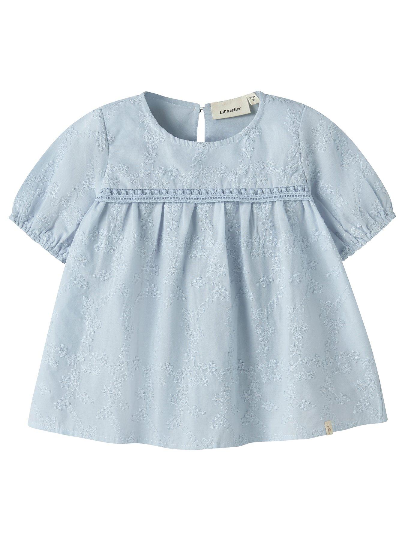 Image 2 of 5 of Lil Atelier Mini Girls Sibling Embroidered Short Sleeve Blouse - Light Blue