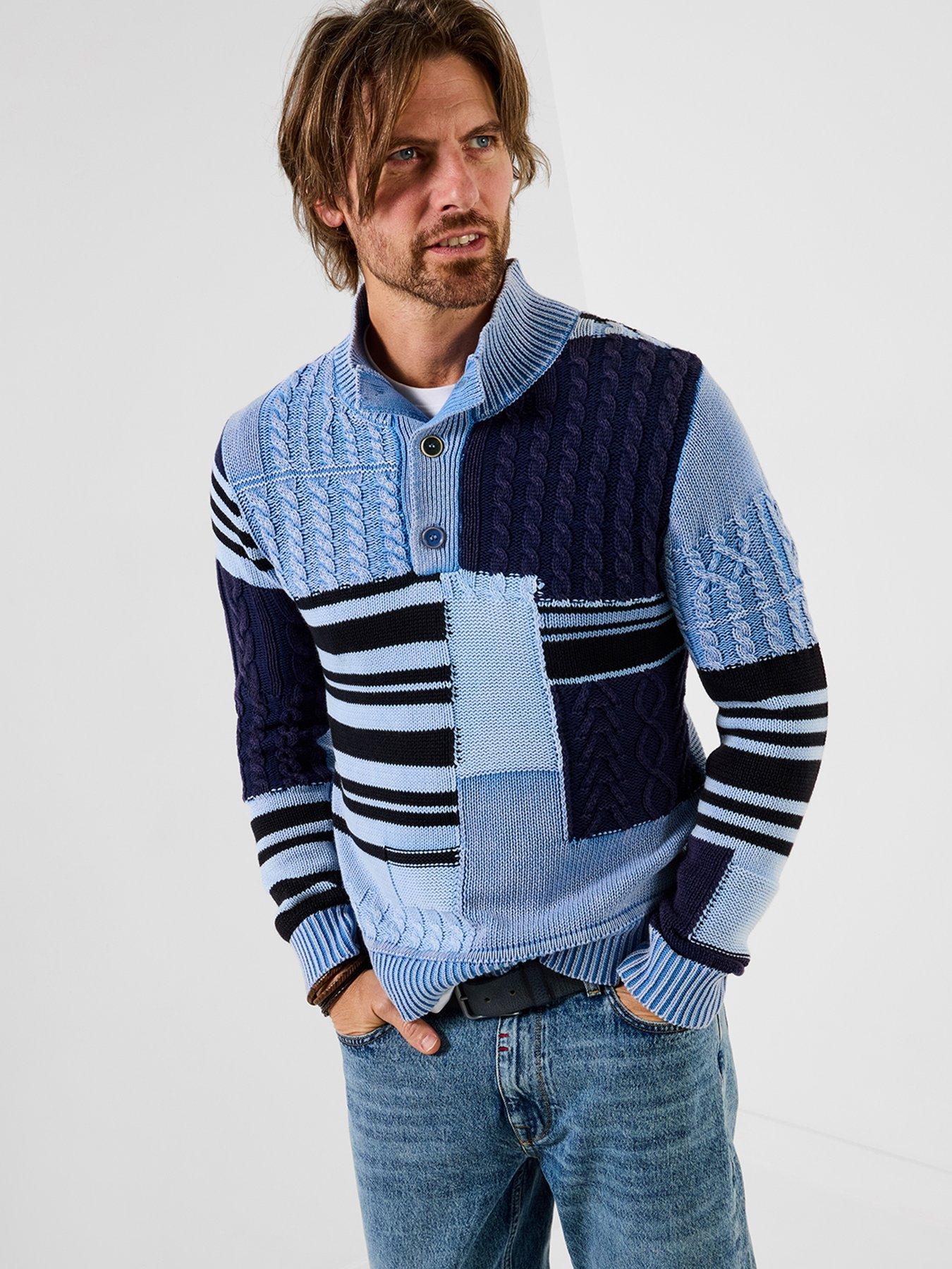 Joe Browns Patched To Perfection Knitted Funnel Neck Knitted Jumper, Blue, Size 3Xl, Men