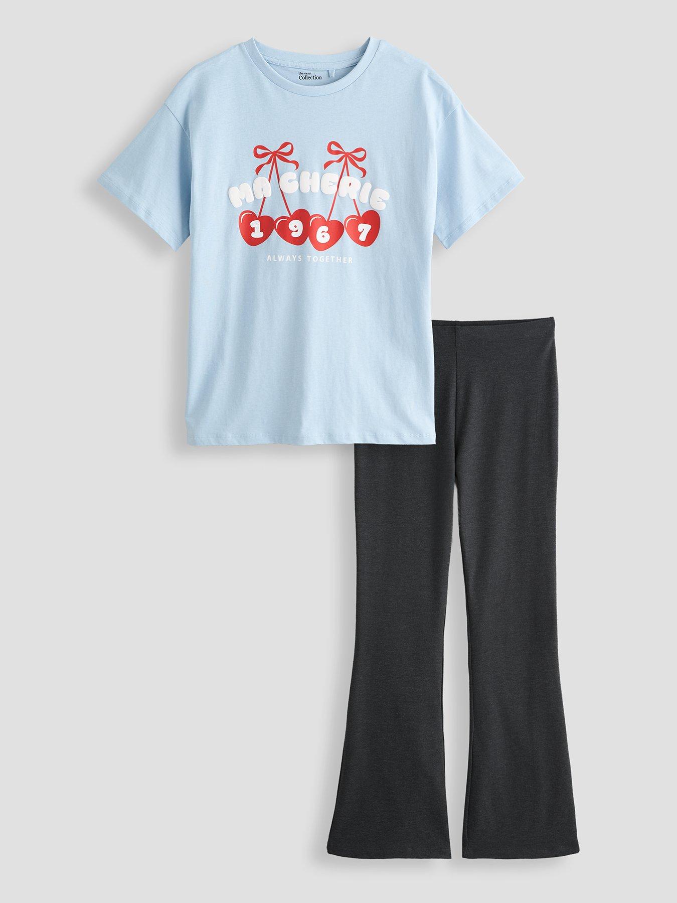 Image 1 of 5 of The Very Collection Girls Oversized Short Sleeve T-shirt And Flared Legging Outfit - Blue