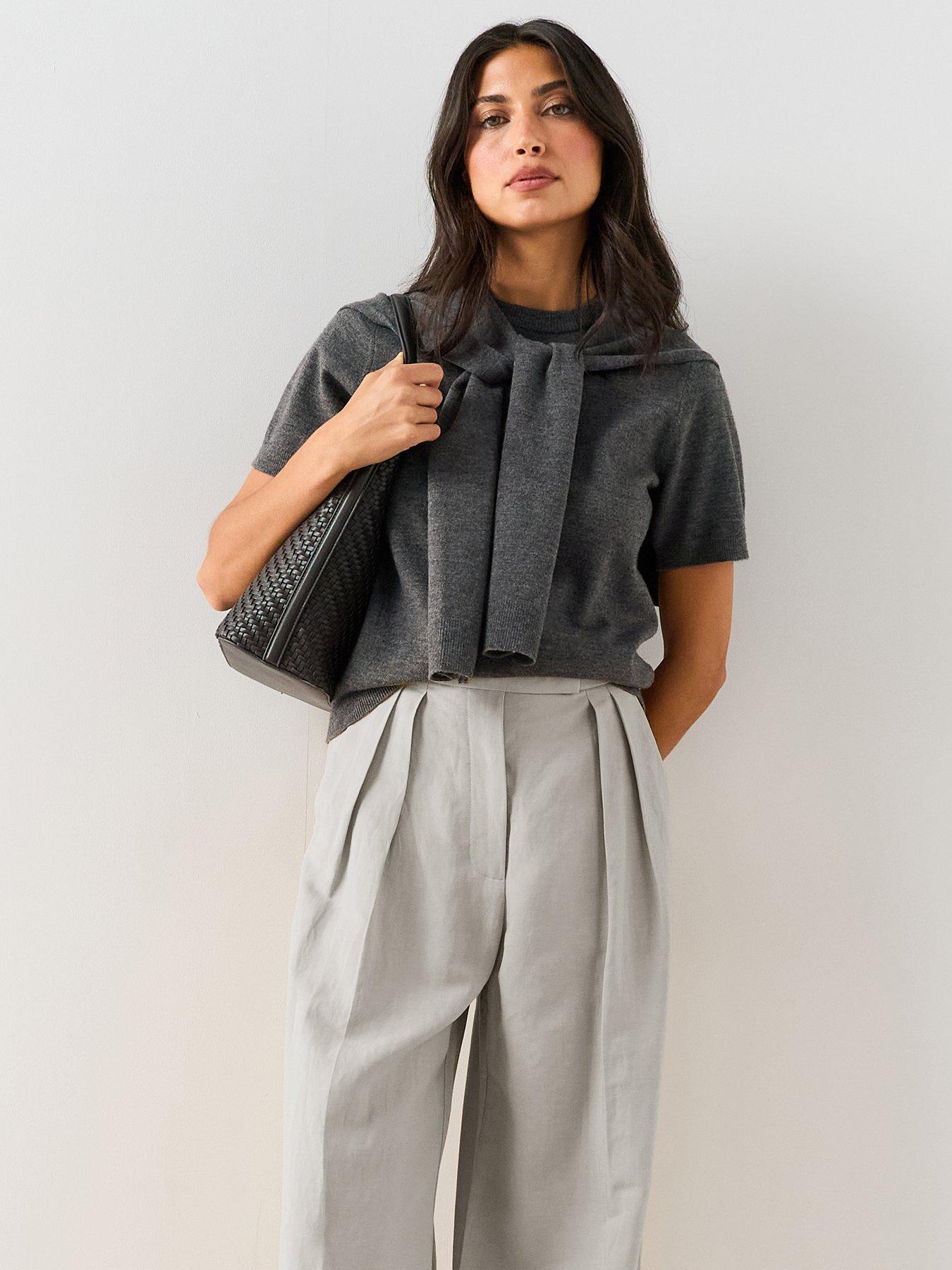 The Very Collection Short Sleeve Tie Neck Knitted Top With Wool - Grey