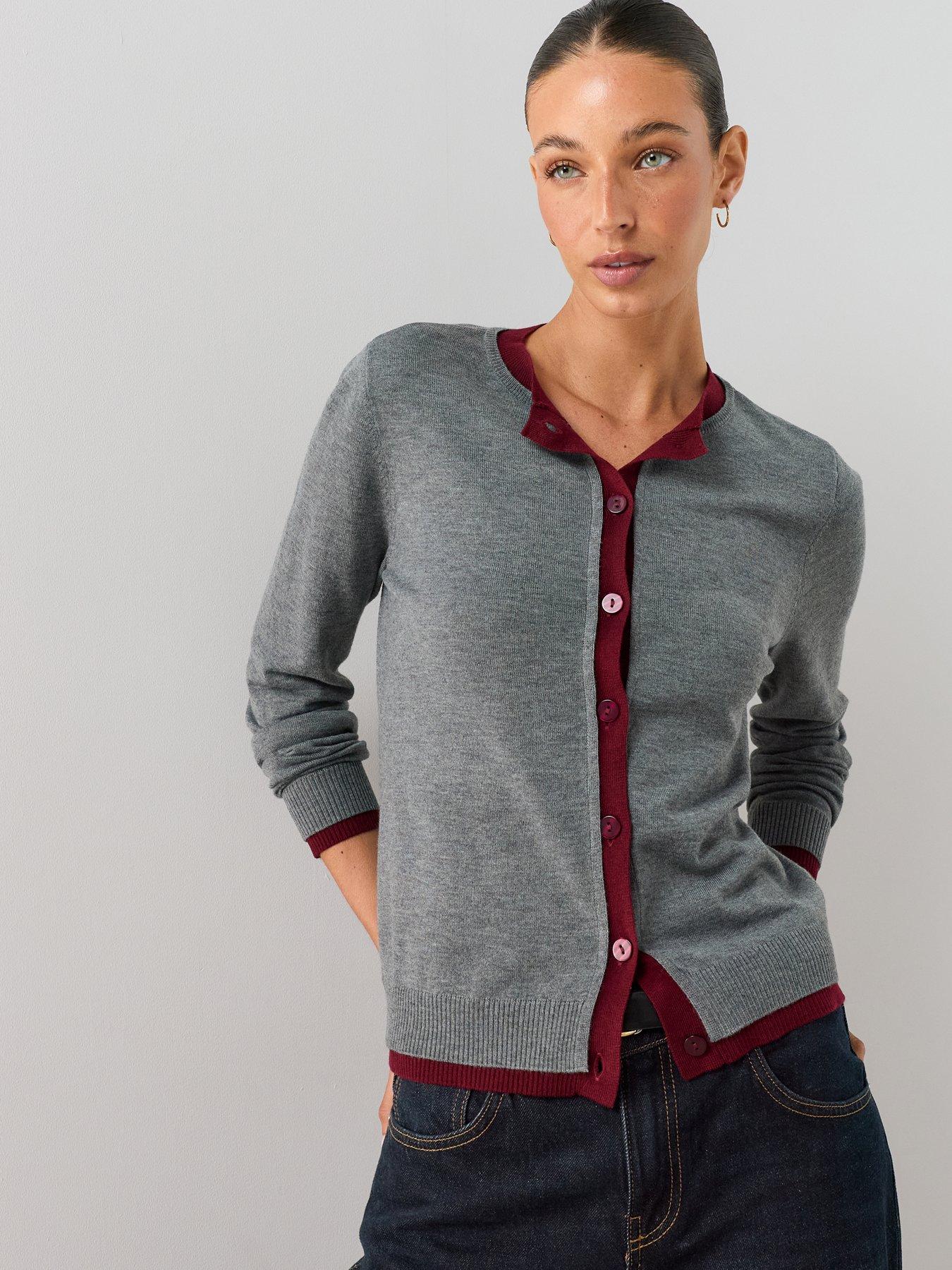 Image 1 of 7 of The Very Collection Crew Neck Double Layer Cardigan With Wool - Grey