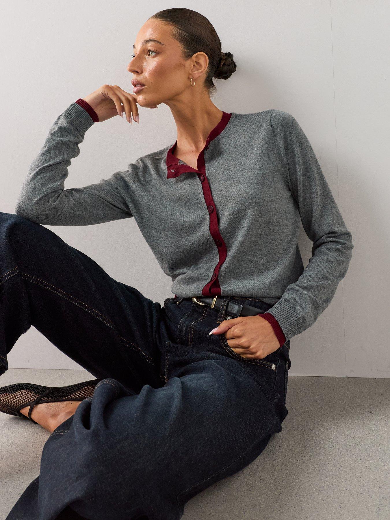 Image 4 of 7 of The Very Collection Crew Neck Double Layer Cardigan With Wool - Grey