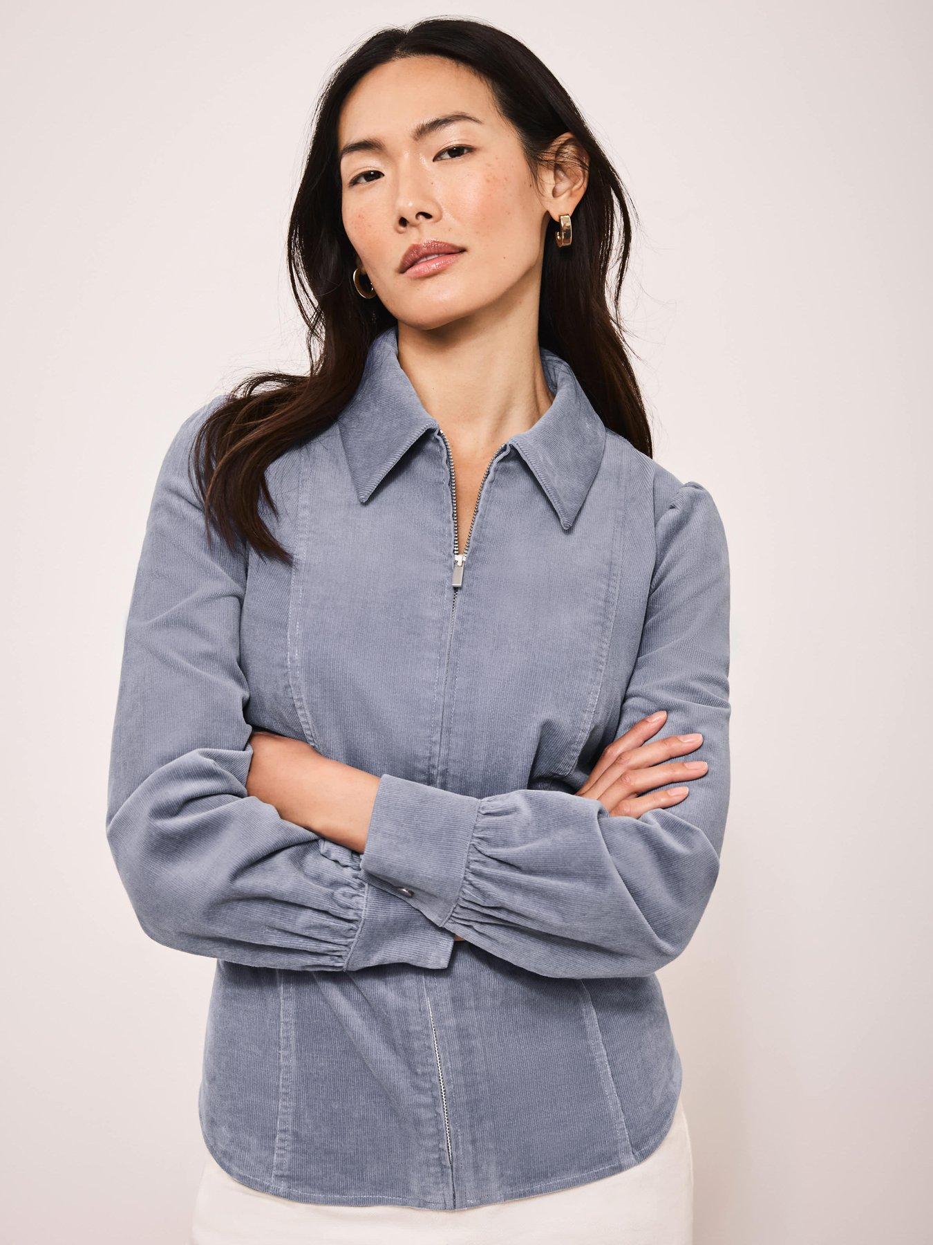 Image 1 of 6 of Mint Velvet Cord Zip Front Shirt - Blue