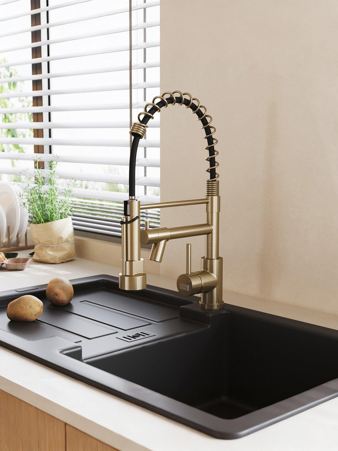 Living and Home Brushed Gold Kitchen Faucet With Pull Down Spring Spout