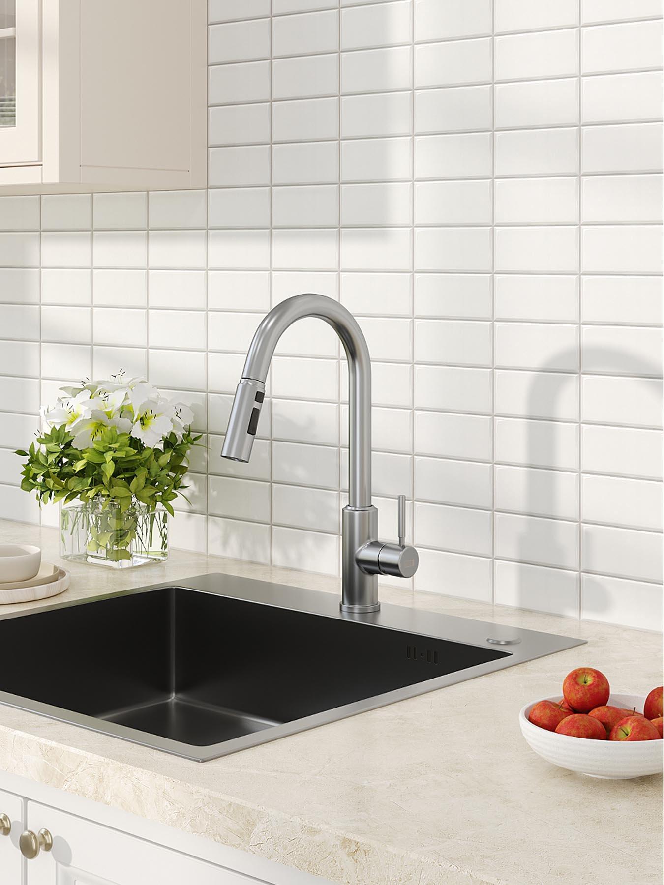 Image 4 of 7 of Living and Home Silver Side Lever Spring Neck Pull Out Kitchen Tap