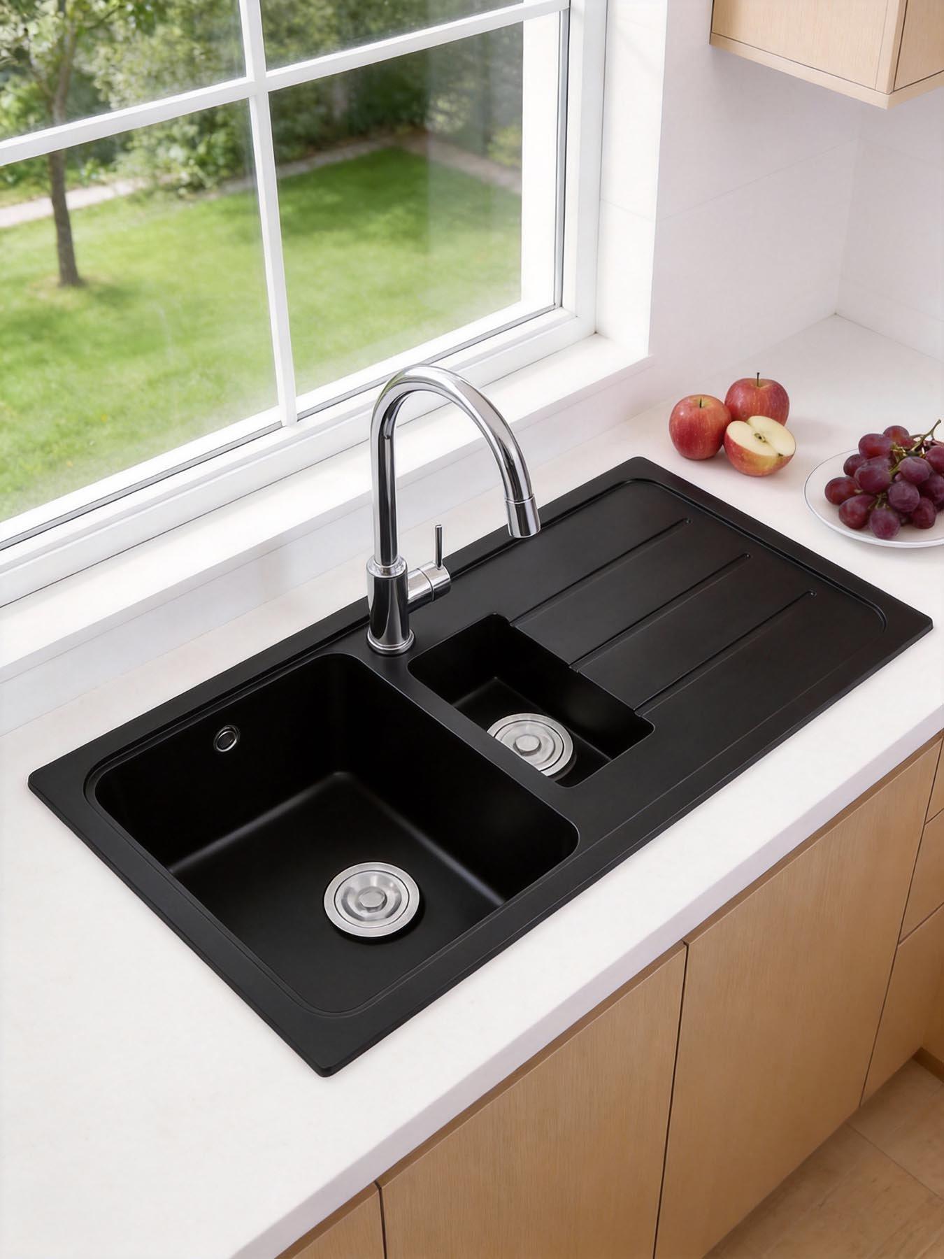 Living And Home Double Bowl Kitchen Sink With Strainer Waste Kit