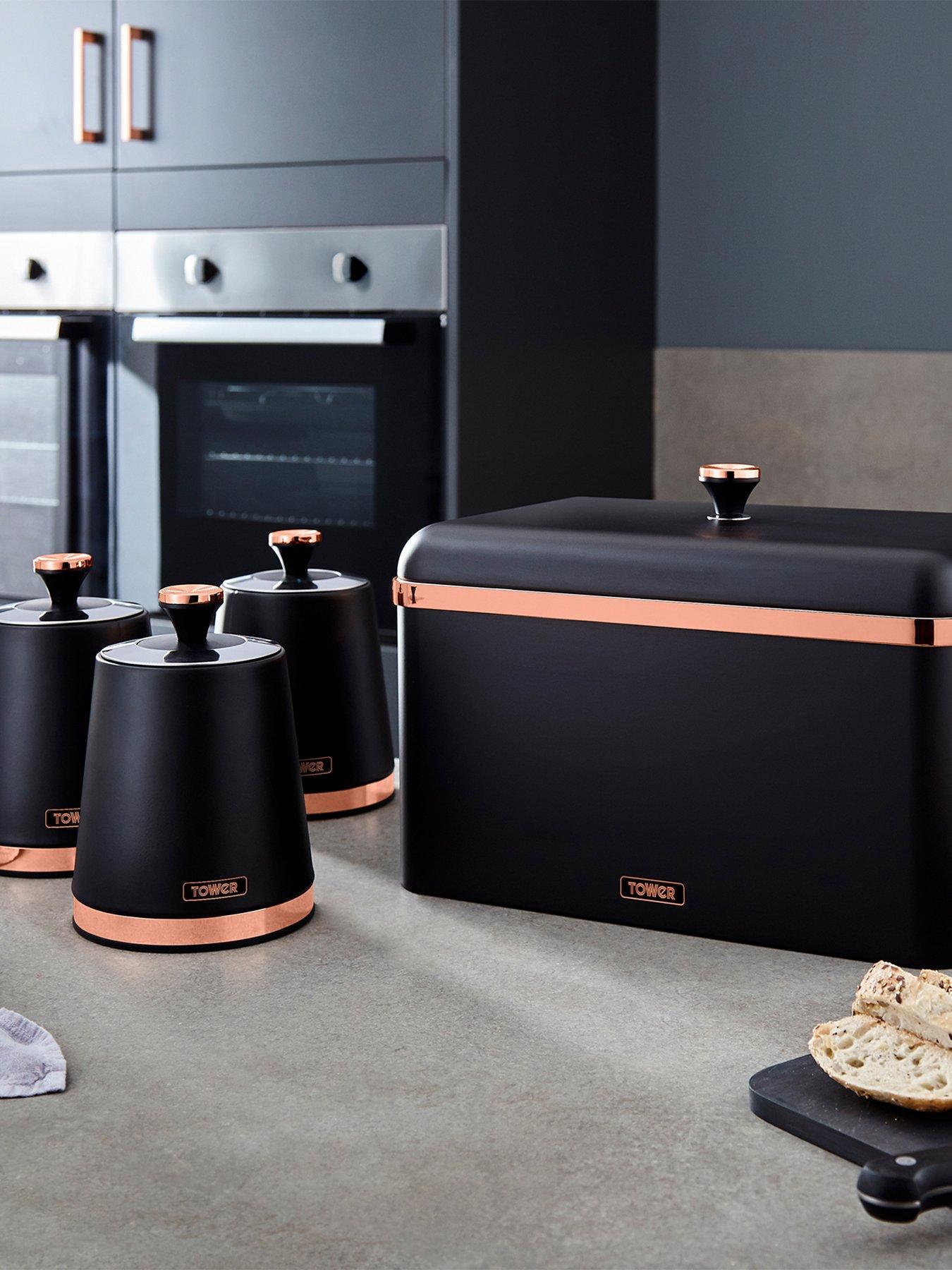 Swan Cavaletto 4 Piece Bread Bin And Storage Canister Set, Black And Rose Gold