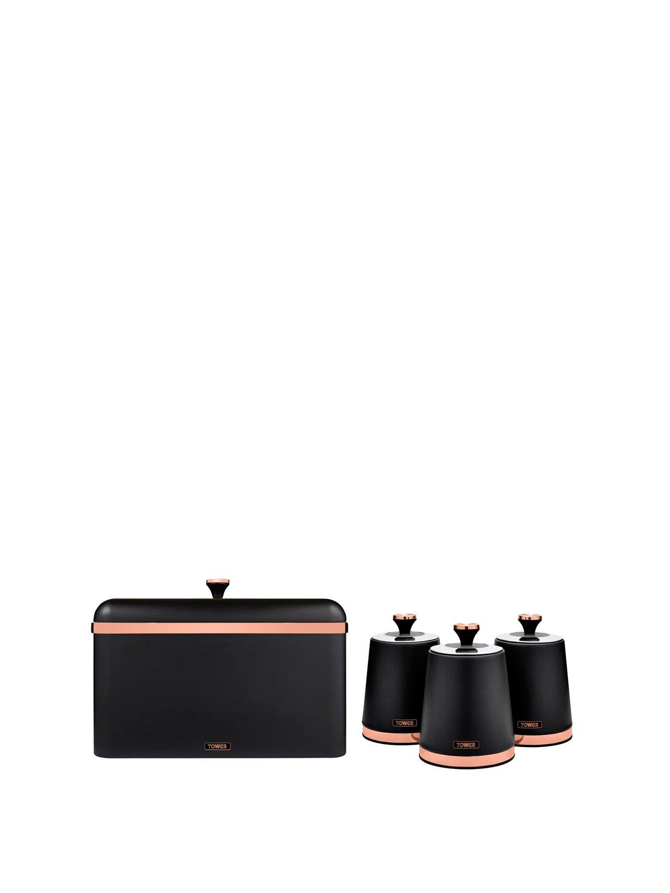 Swan Cavaletto 4 Piece Bread Bin And Storage Canister Set, Black And Rose Gold