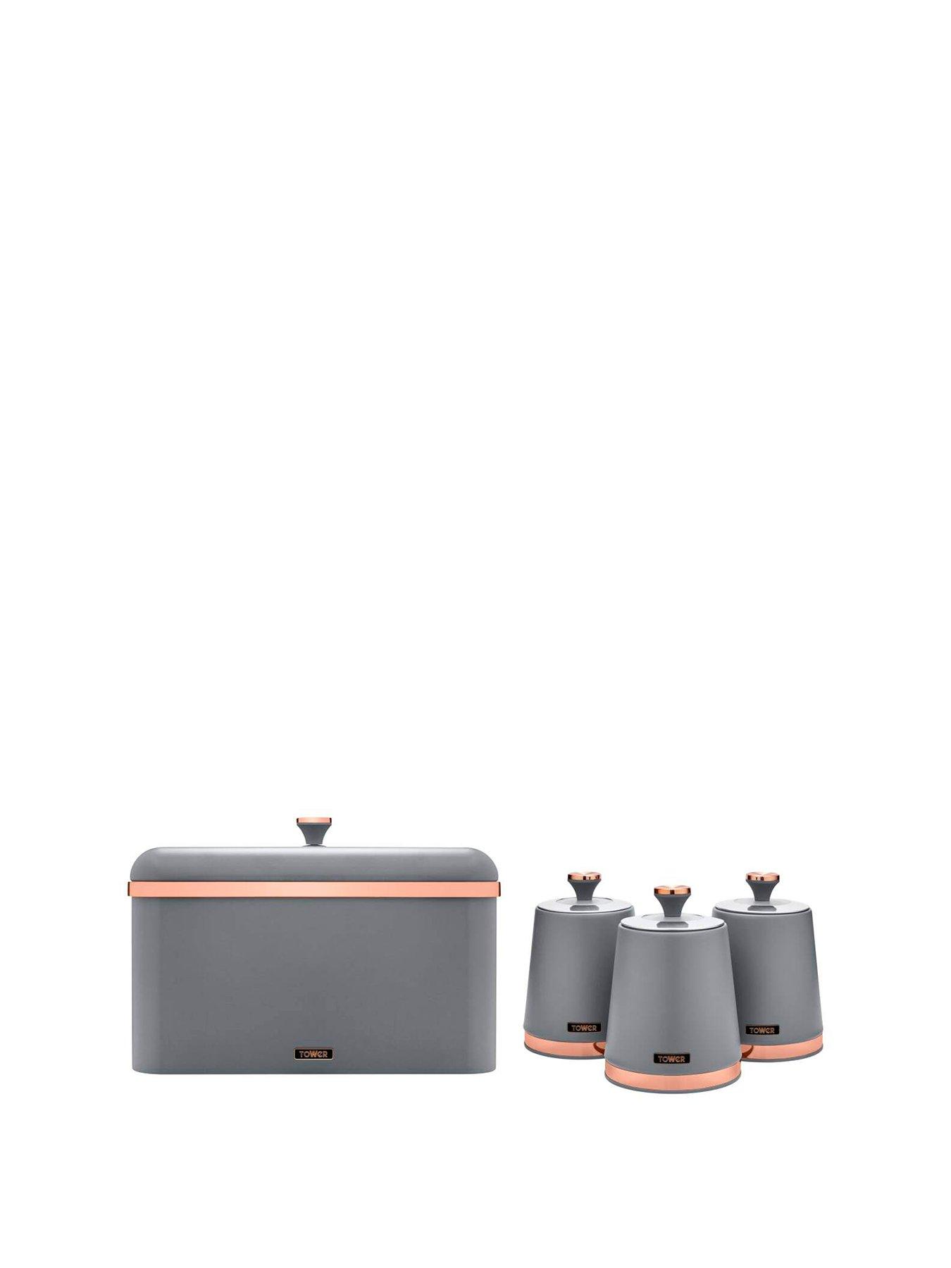 Tower Cavaletto 4 Piece Bread Bin And Storage Canister Set, Grey And Rose Gold