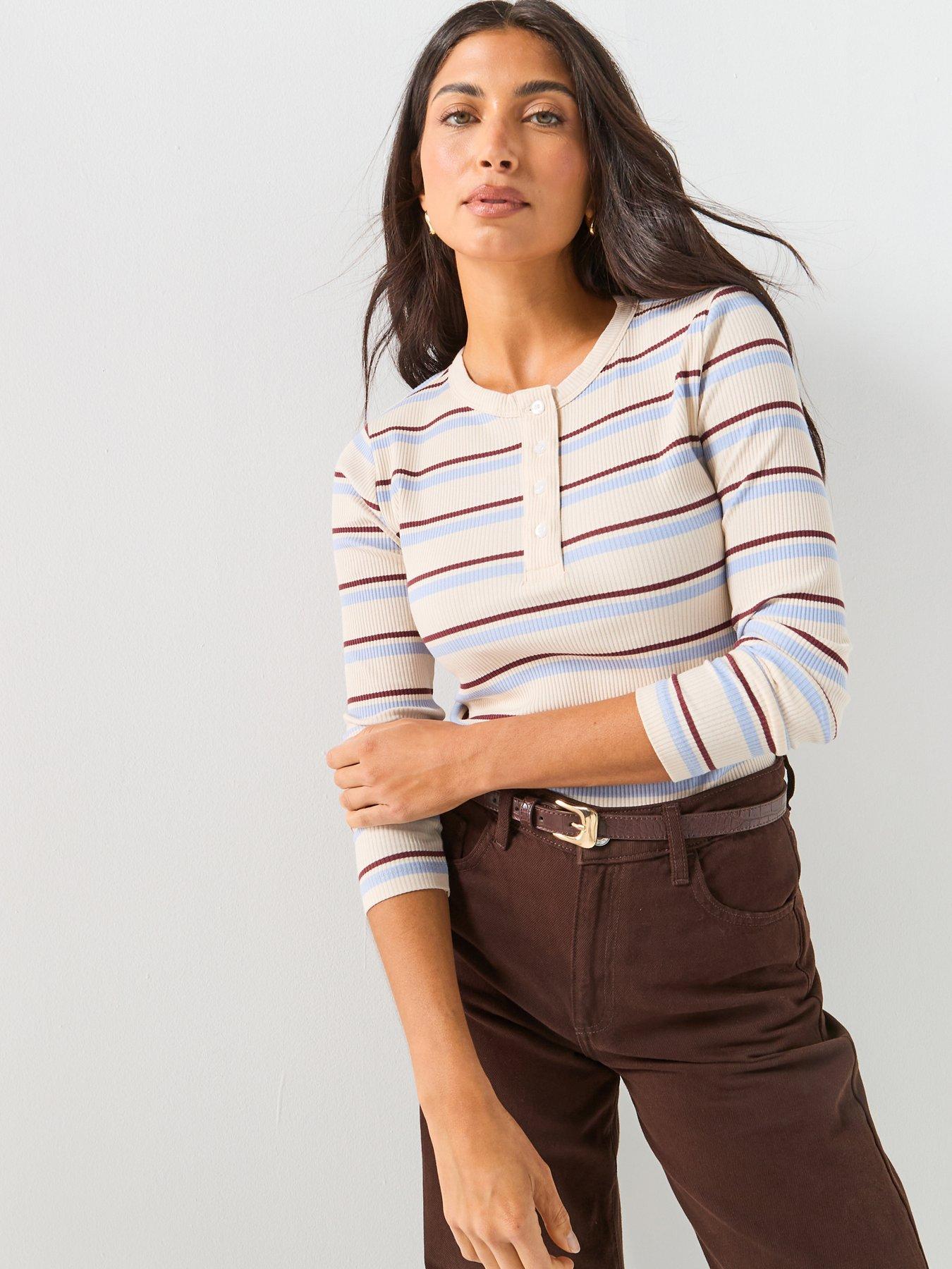 Image 1 of 4 of Vero Moda Vmkatie Long Sleeve O-Neck Top - Brown/Blue