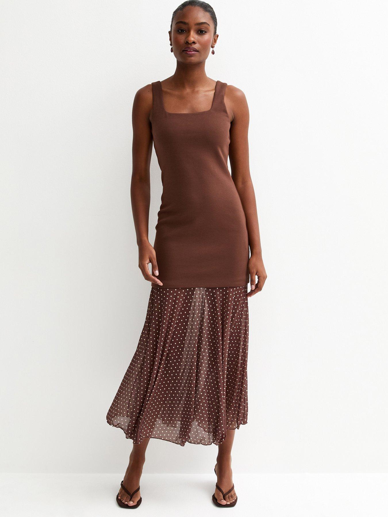 New Look Brown 2-in-1 Polka Dot Midi Dress