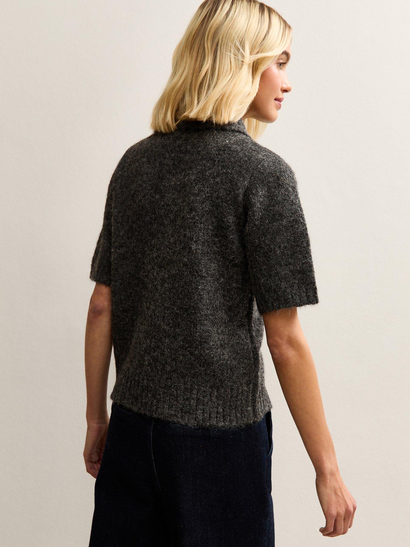 Image 2 of 6 of New Look Textured Knit Polo Collar Top - Grey