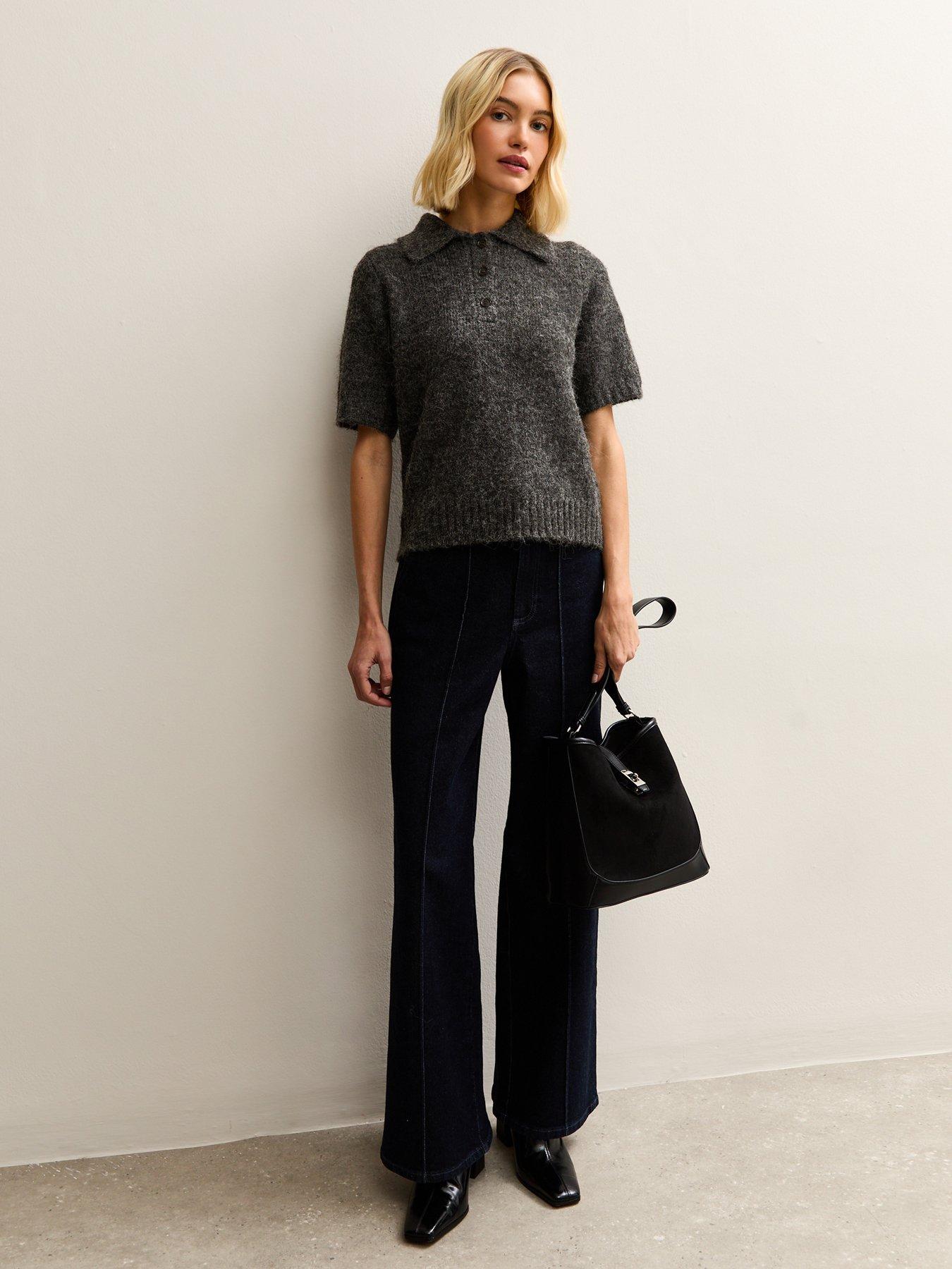 Image 3 of 6 of New Look Textured Knit Polo Collar Top - Grey