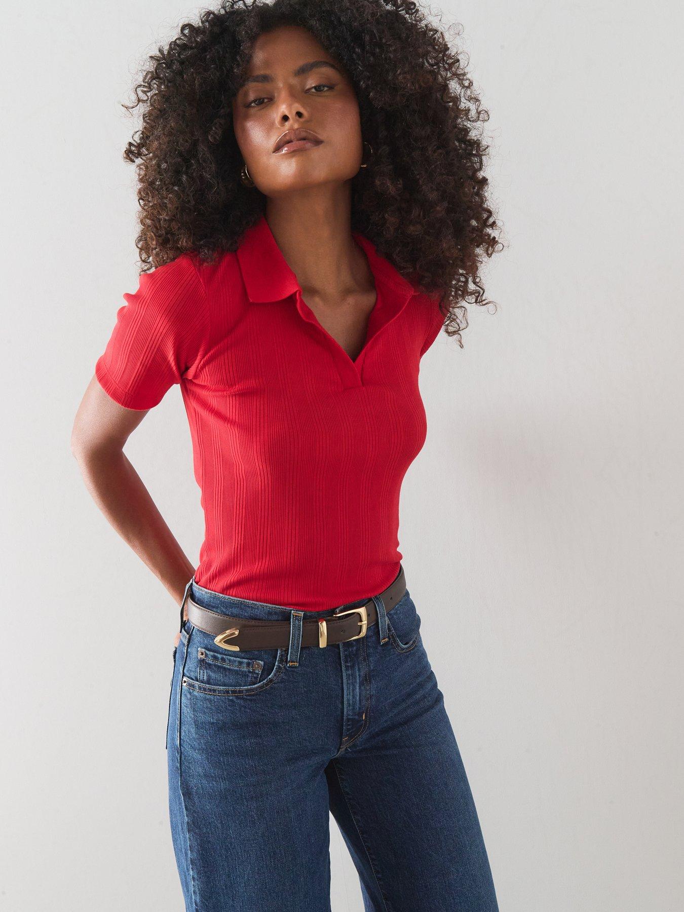 The Very Collection Women's Textured Short Sleeve Polo Tee - Red