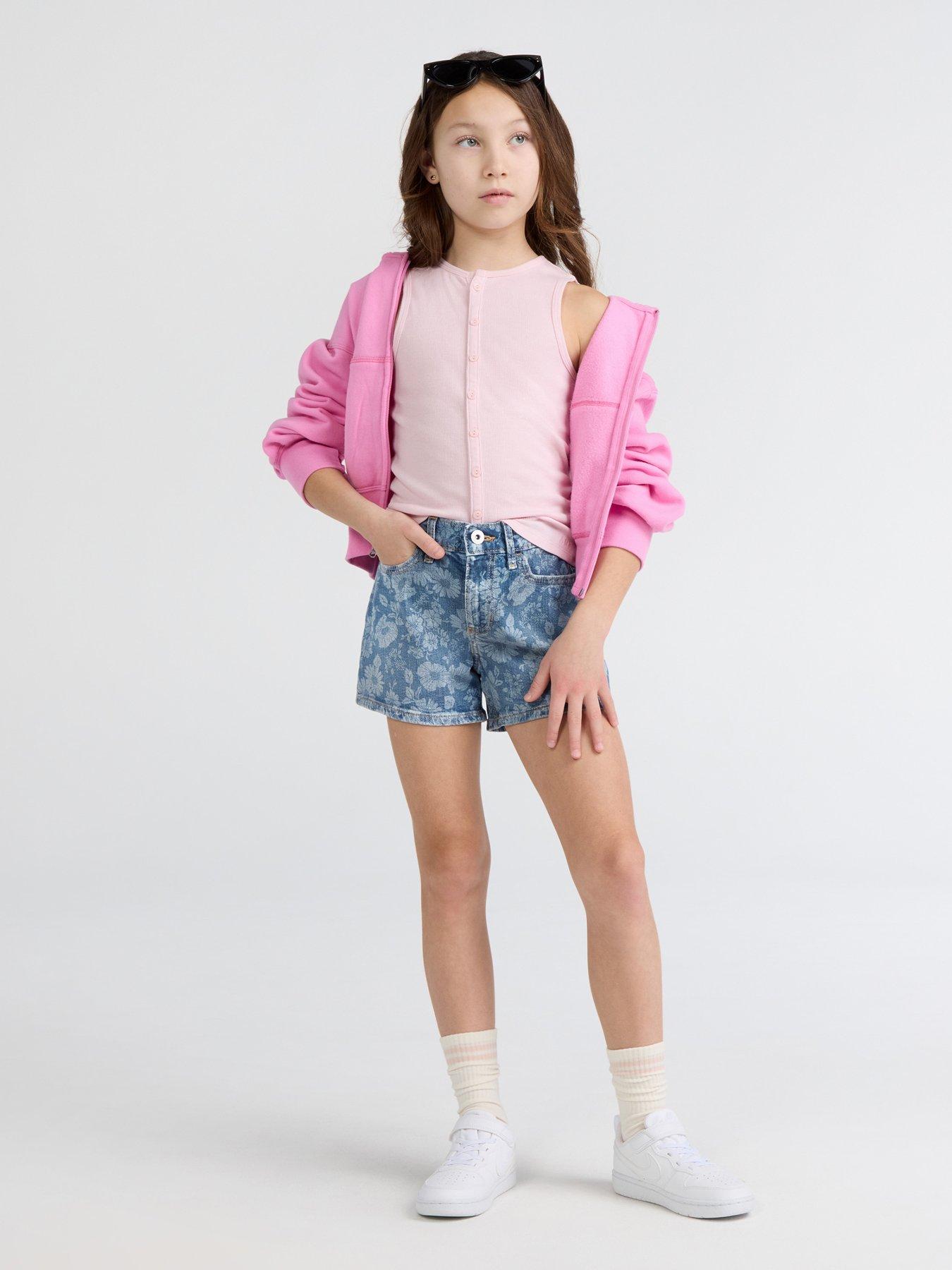 Abercrombie & Fitch Girls High Rise Relaxed Floral Denim Shorts - Blue