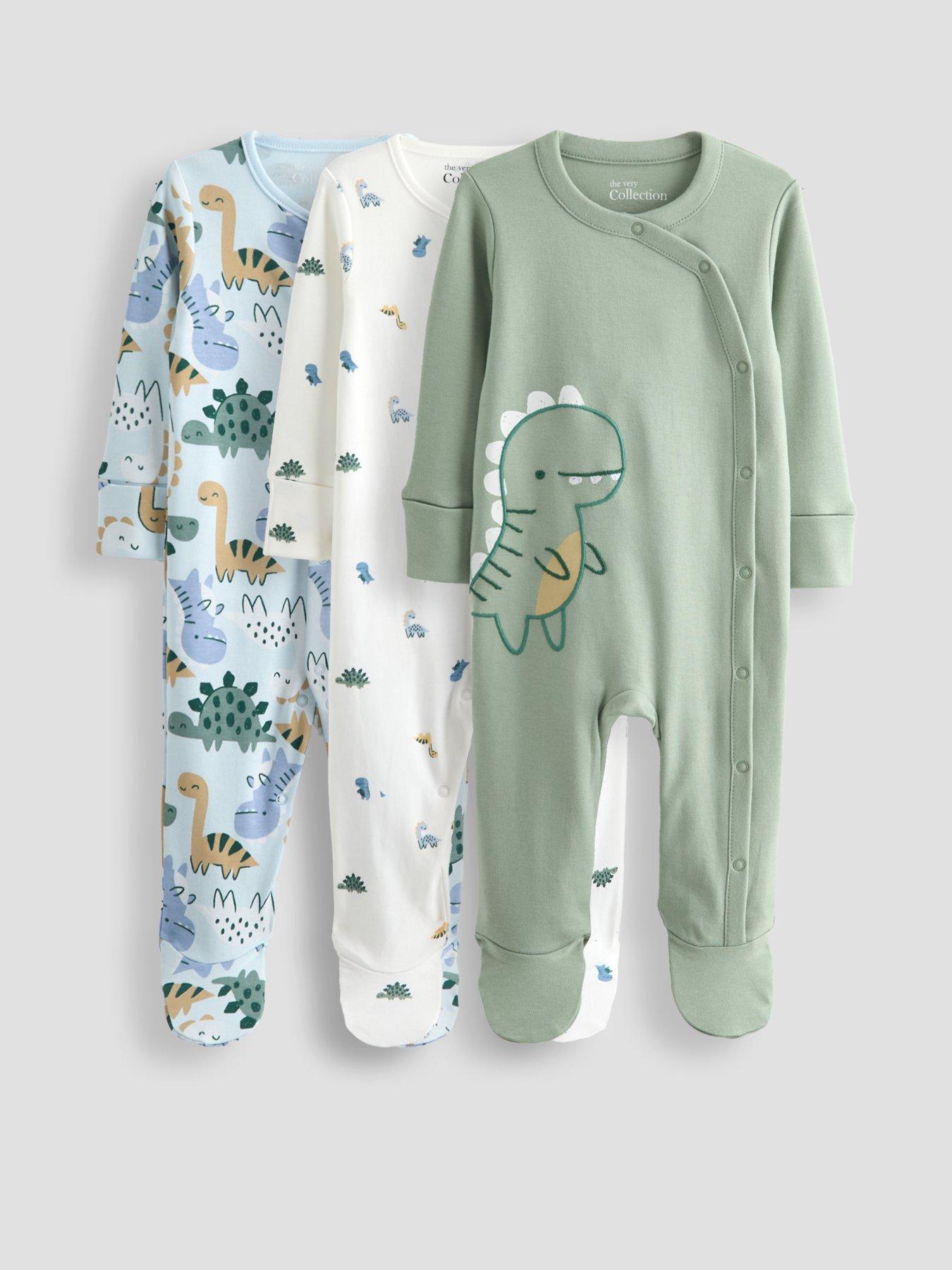 Image 1 of 5 of The Very Collection Baby Boy 3 Pack Dinosaur Print Sleepsuits - Green
