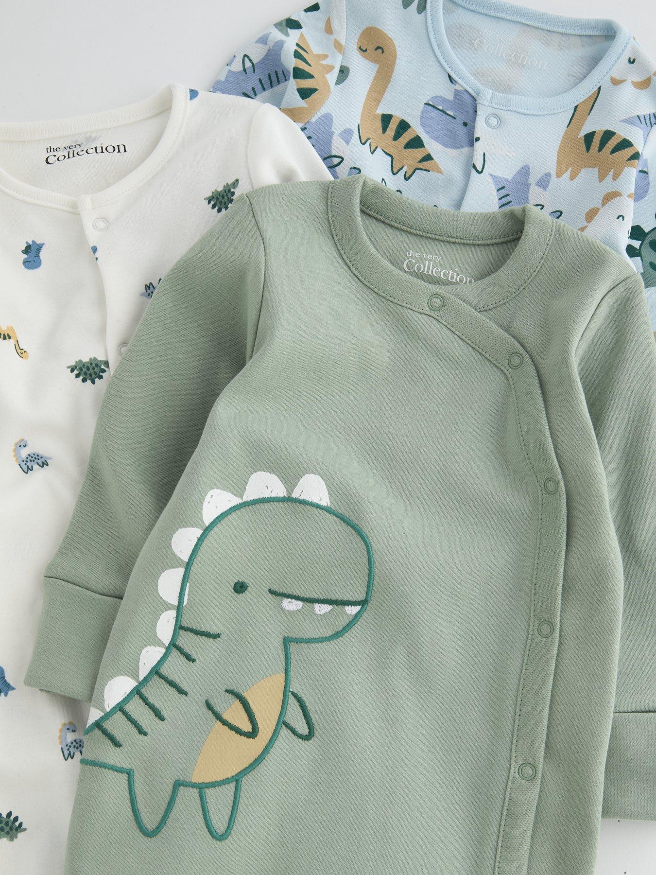 Image 5 of 5 of The Very Collection Baby Boy 3 Pack Dinosaur Print Sleepsuits - Green