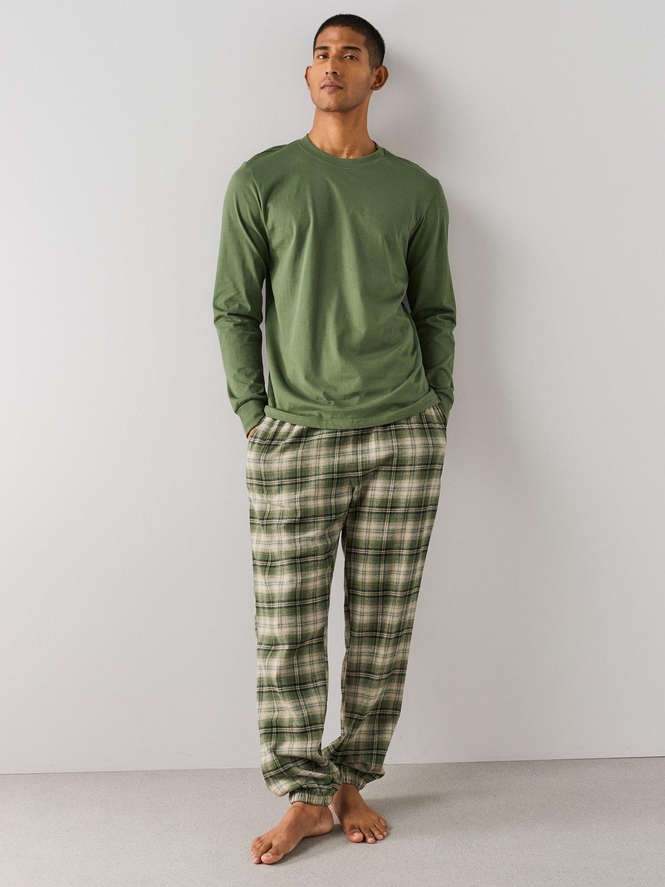 Image 1 of 7 of The Very Collection Pure Cotton T-Shirt &amp; Brushed Check Pyjama Set - Dark Green