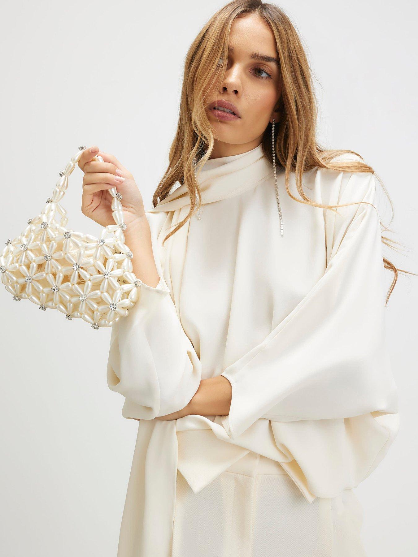 River Island Flower Pearl Beaded Grab Bag - Cream