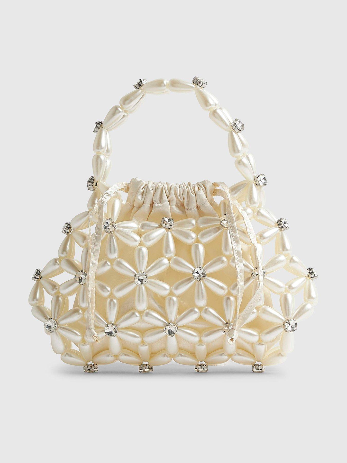 Image 2 of 6 of River Island Flower Pearl Beaded Grab Bag - Cream