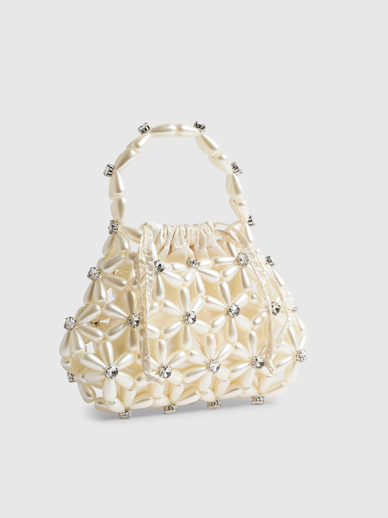 Image 3 of 6 of River Island Flower Pearl Beaded Grab Bag - Cream
