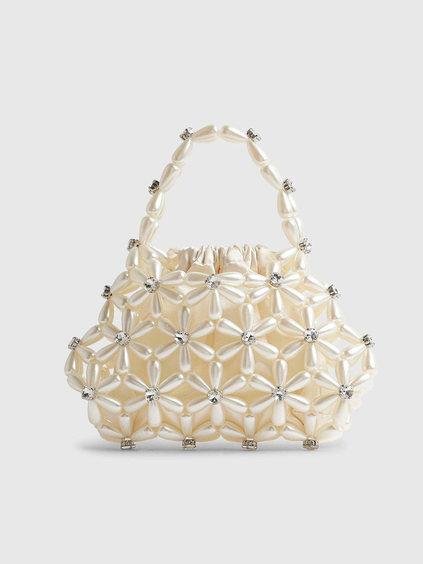 Image 4 of 6 of River Island Flower Pearl Beaded Grab Bag - Cream