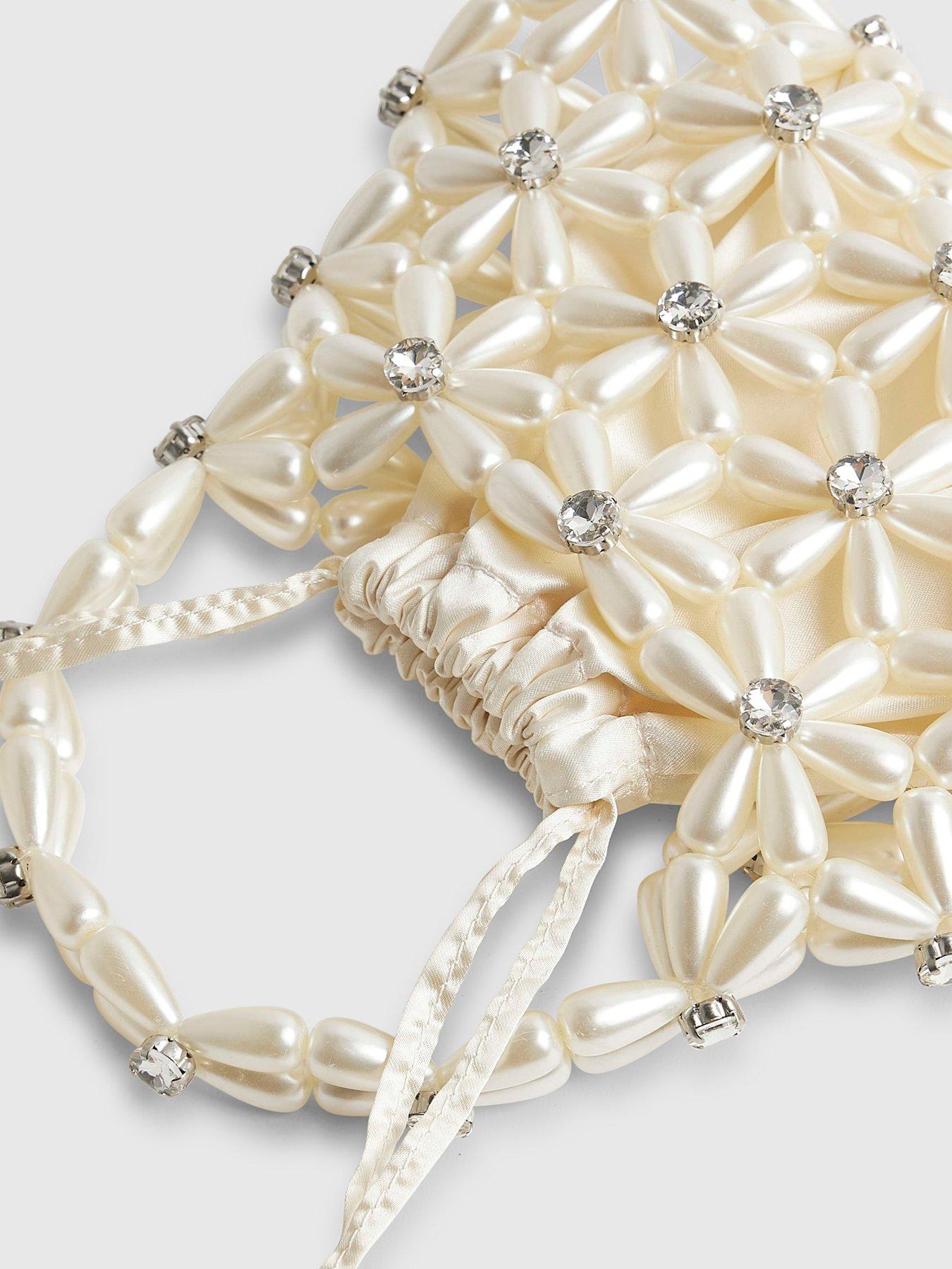 Image 5 of 6 of River Island Flower Pearl Beaded Grab Bag - Cream
