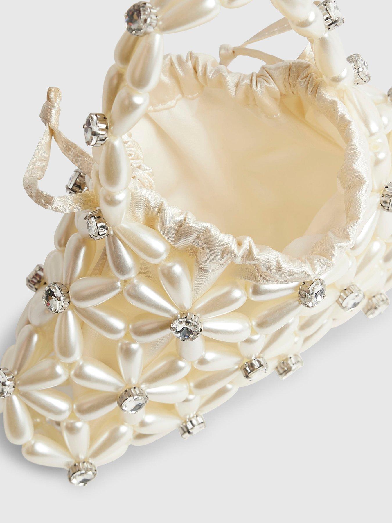 Image 6 of 6 of River Island Flower Pearl Beaded Grab Bag - Cream