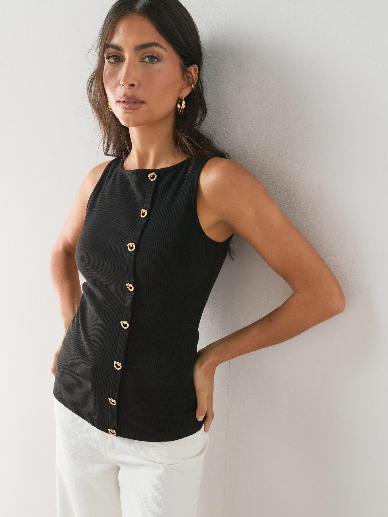 The Very Collection Gold Button Ribbed Tank Top - Black