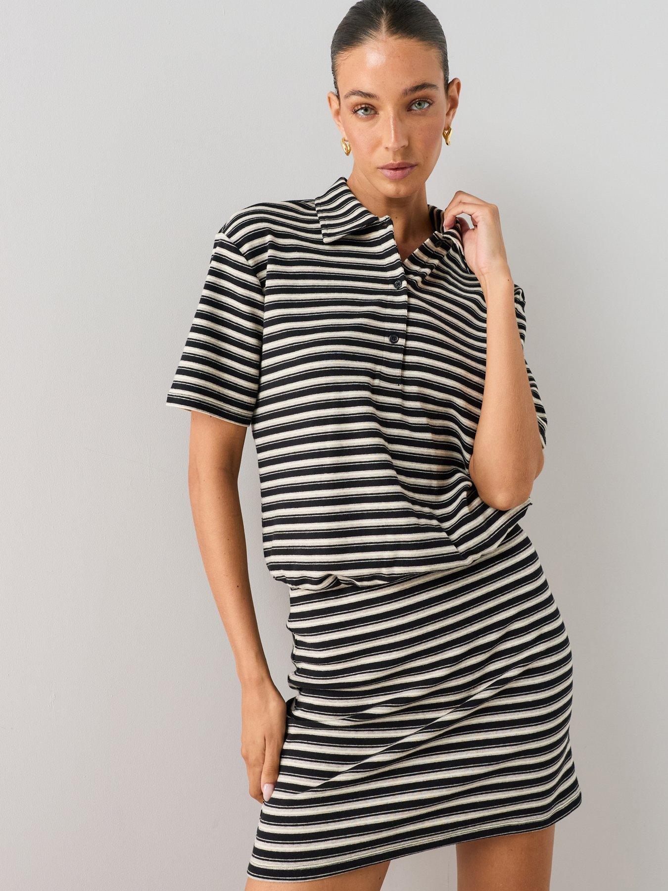 The Very Collection Short Sleeve Striped Polo Co-Ord - Black/Grey