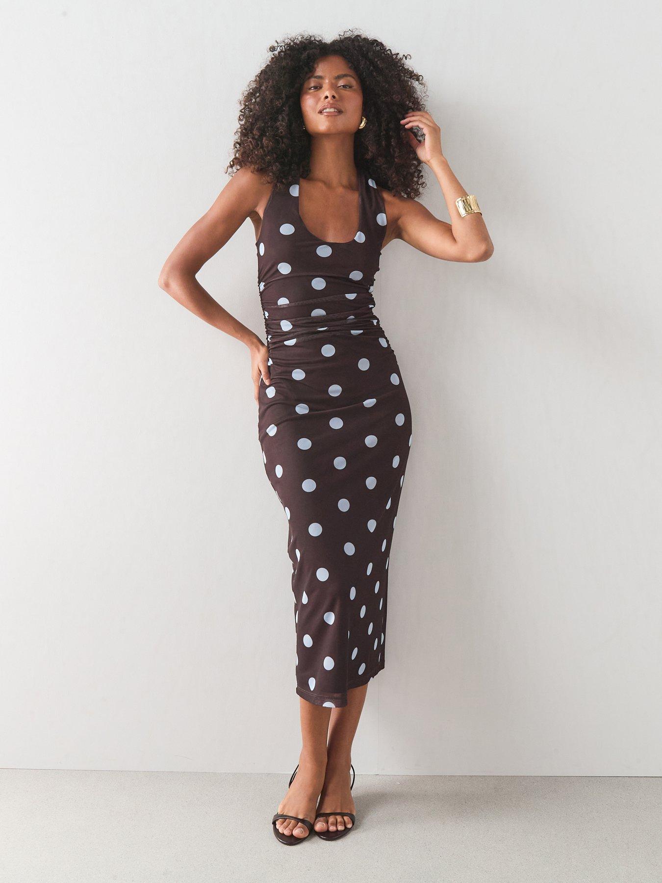 Image 1 of 7 of The Very Collection Polka Dot Ruched Midaxi Dress - Brown