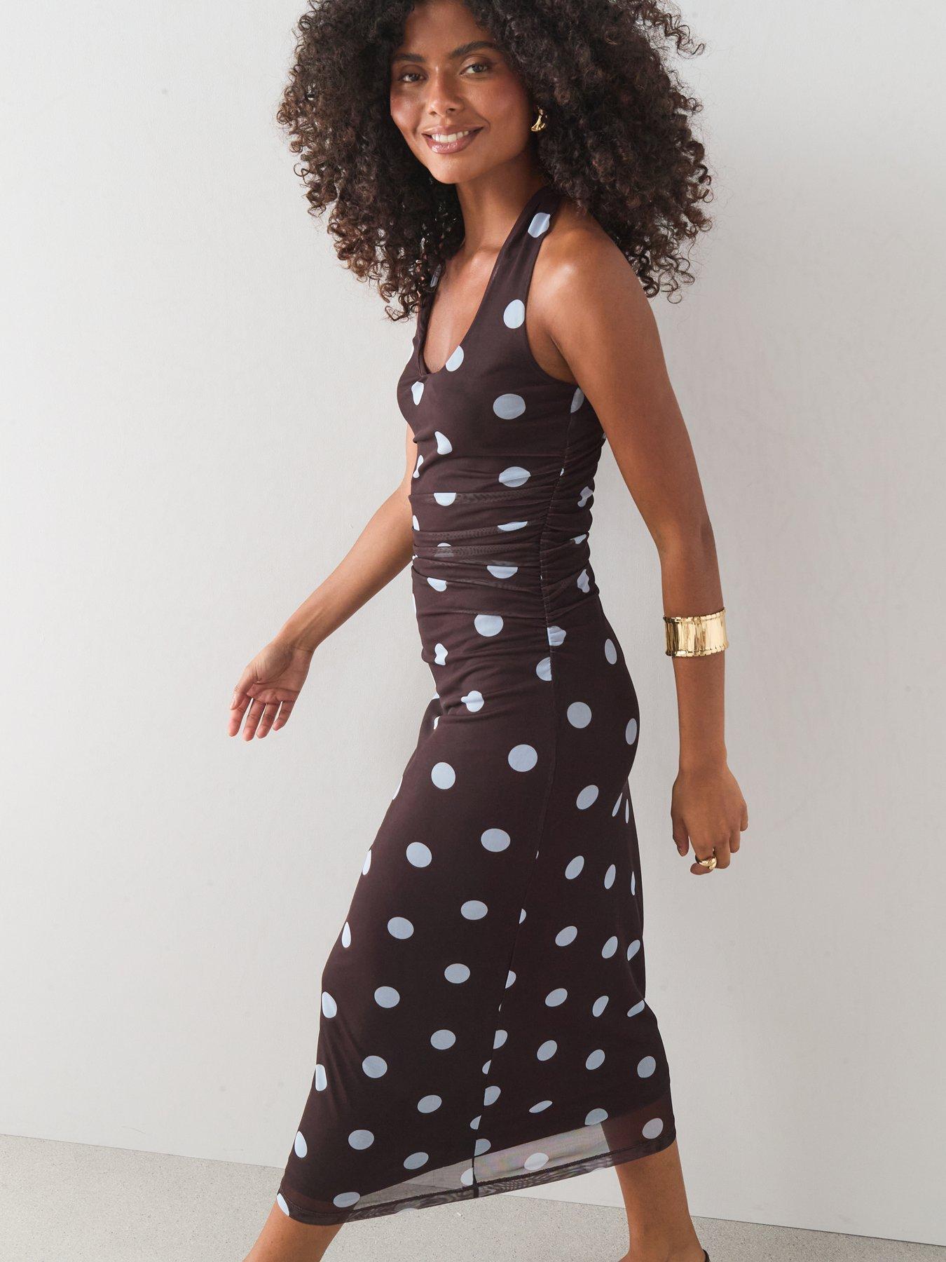Image 3 of 7 of The Very Collection Polka Dot Ruched Midaxi Dress - Brown