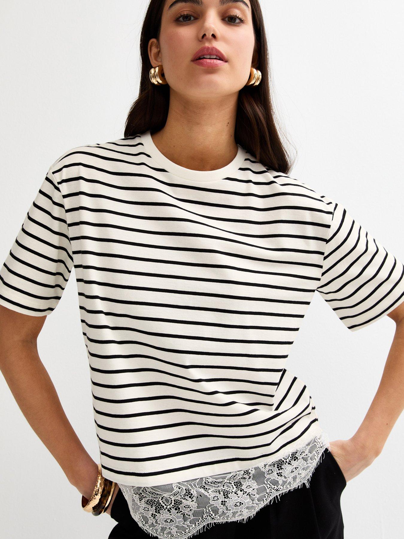 New Look White Striped Lace Hem Boxy T-shirt