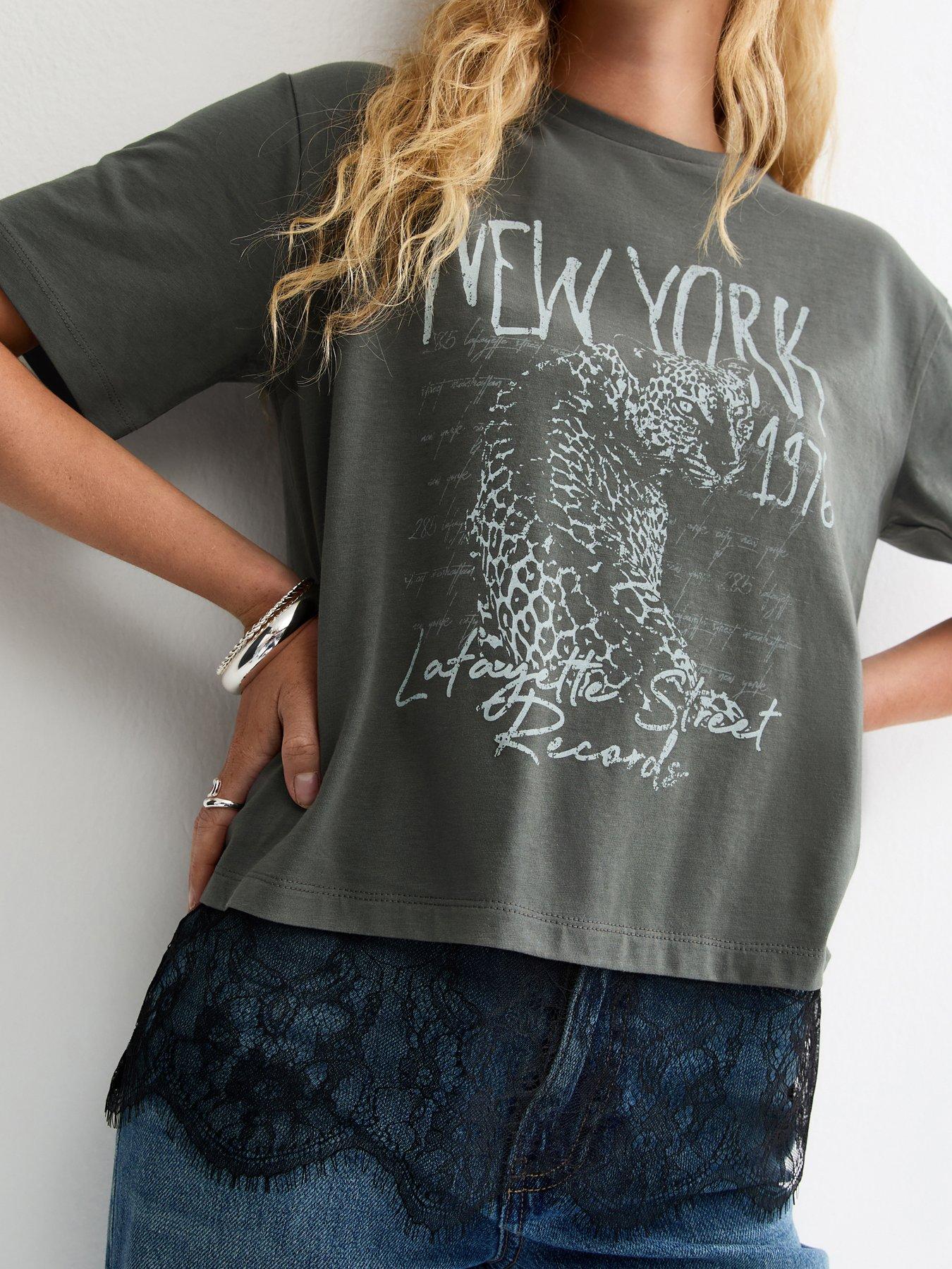 New Look New York Leopard Print Lace Trim T-Shirt - Grey