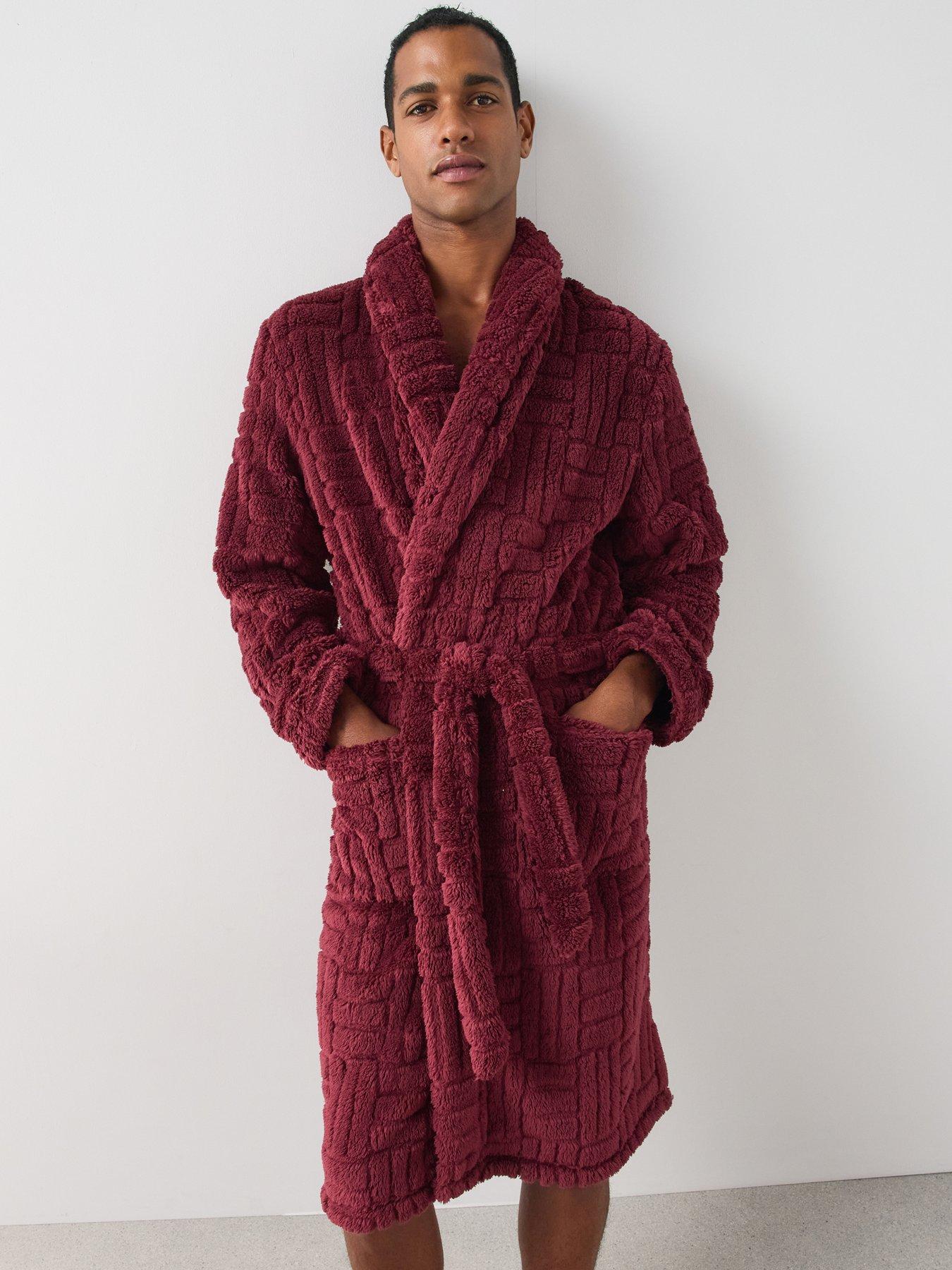 Image 1 of 7 of The Very Collection Mens Jacquard Fleece Tie Waist Dressing Gown - Burgundy