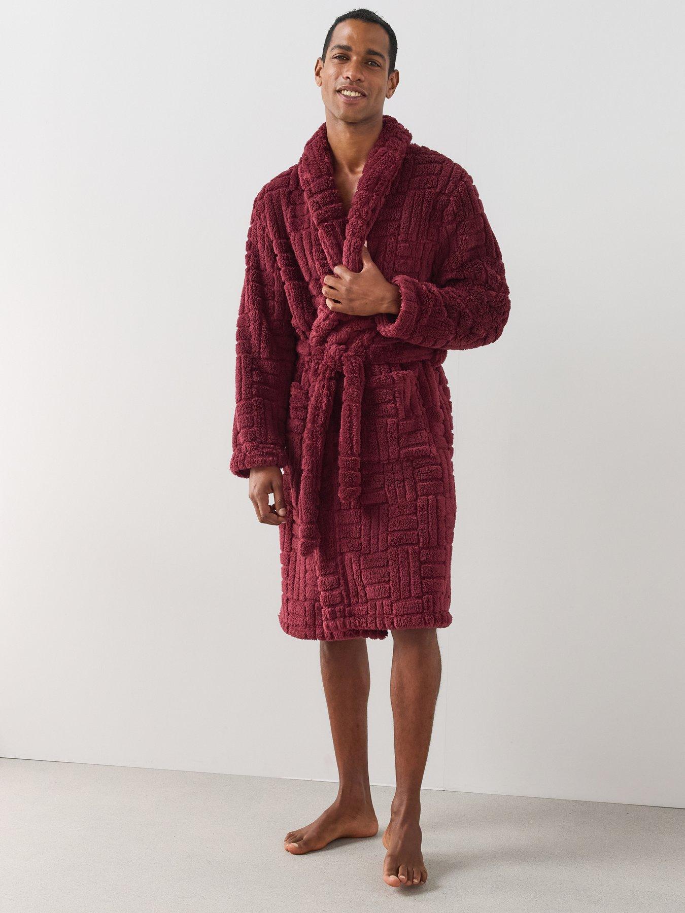 Image 3 of 7 of The Very Collection Mens Jacquard Fleece Tie Waist Dressing Gown - Burgundy