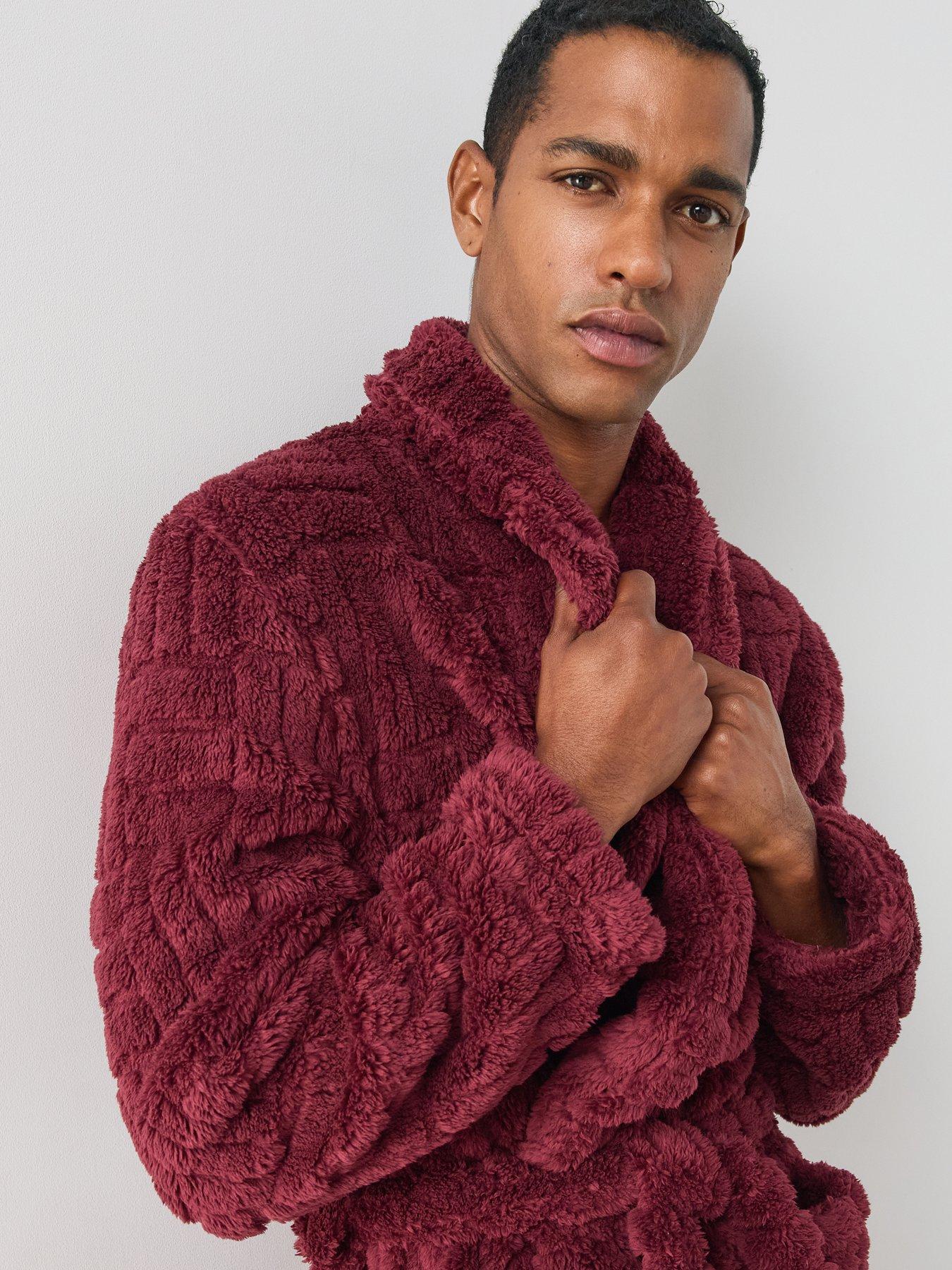 Image 4 of 7 of The Very Collection Mens Jacquard Fleece Tie Waist Dressing Gown - Burgundy