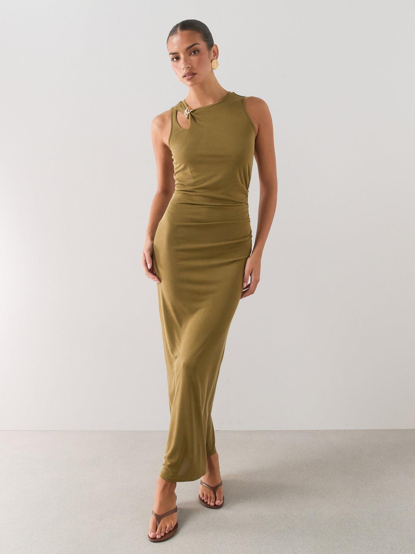 The Very Collection Gold Trim Ruched Midaxi Dress - Green