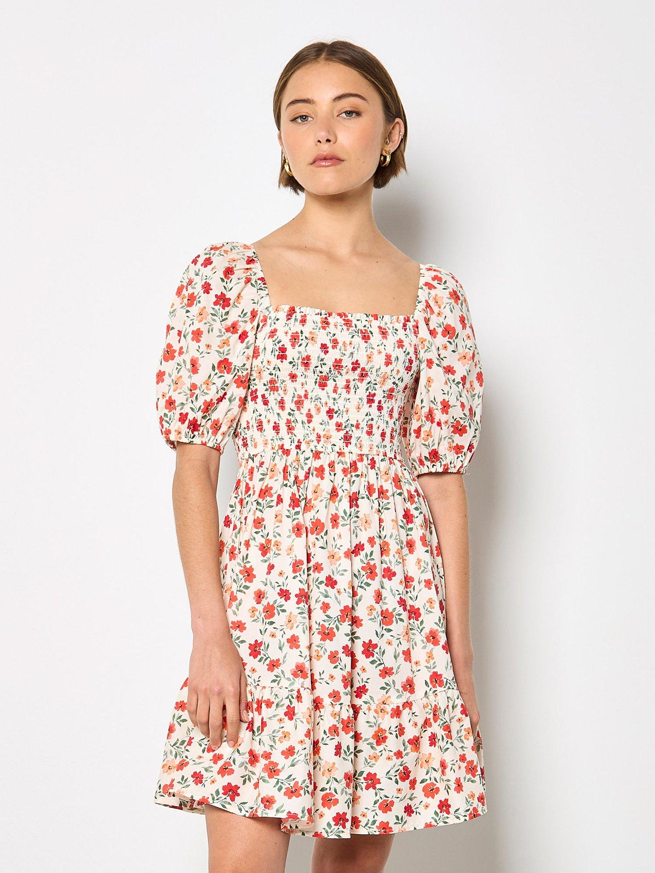 Apricot Puff Slv Mini Poplin Dress, Cream, Size L, Women