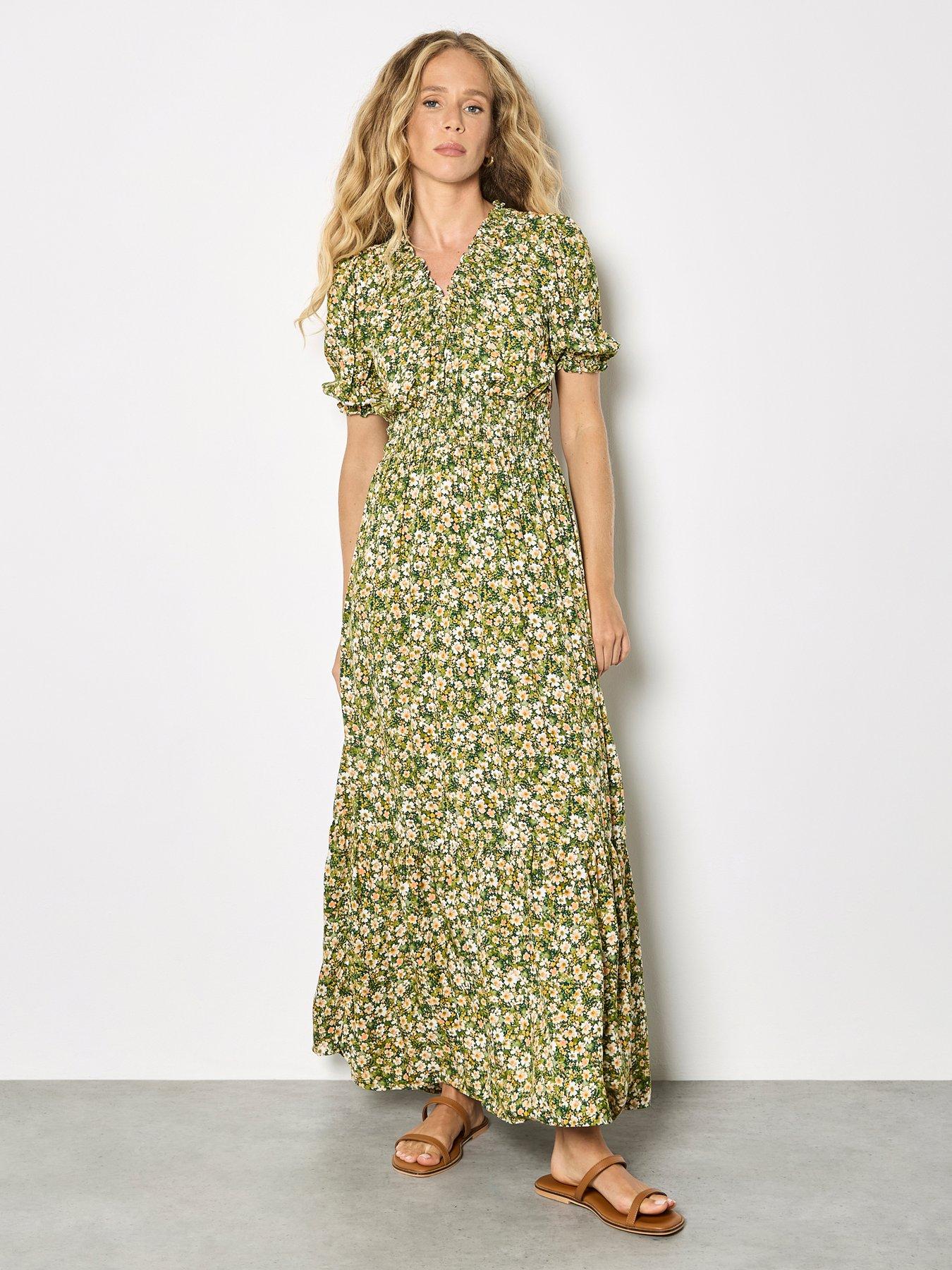 Apricot Smock V Neck Floral Midi Dress