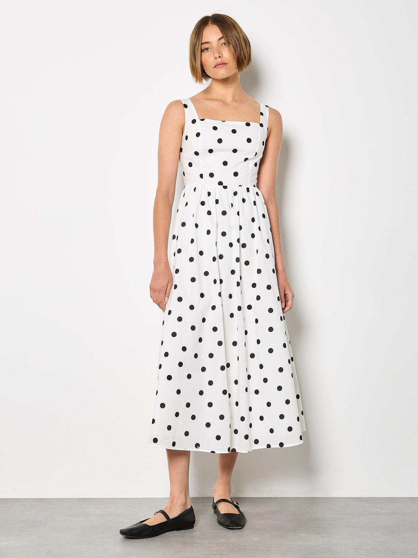 Image 1 of 5 of Apricot Polka Dot A-Line Midi Dress