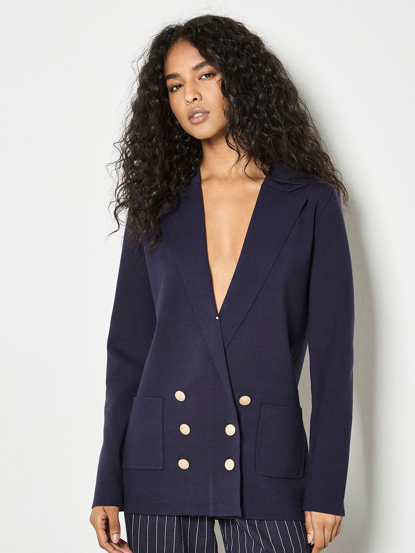 Apricot Metal Button Knitted Blazer, Blue, Size L, Women