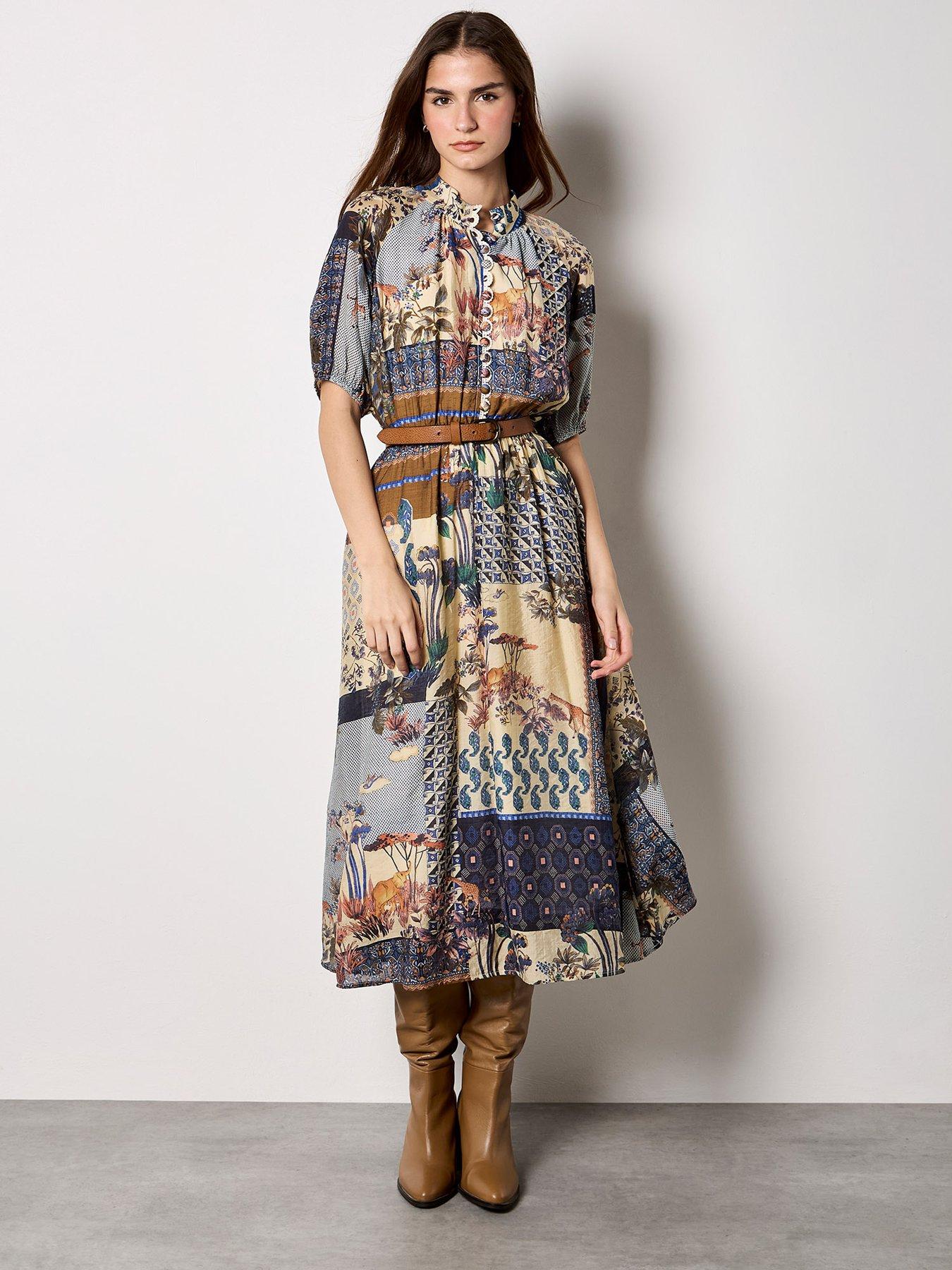Apricot High Neck Patchwork Midi Shirt Dress