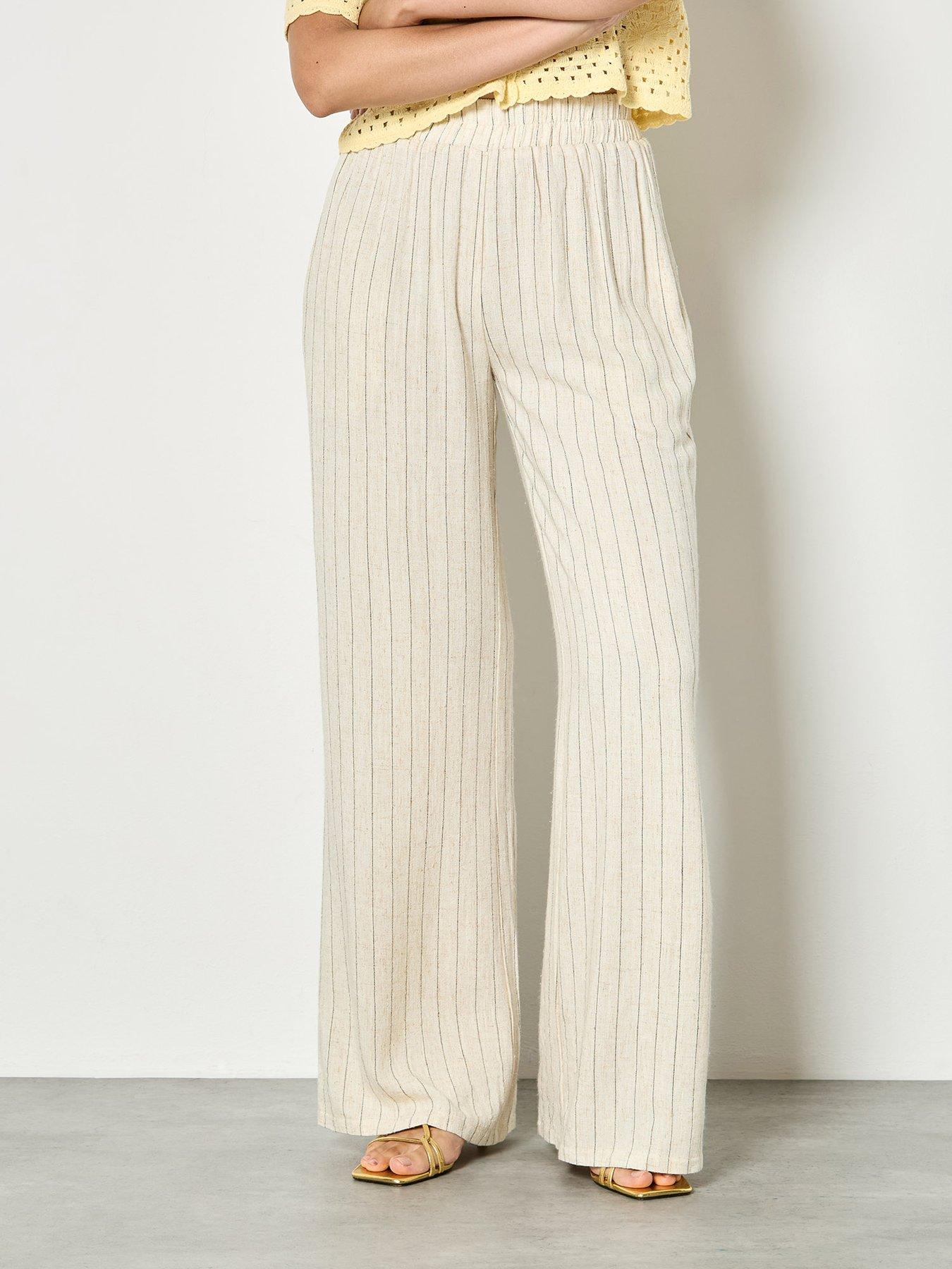 Apricot Pinstripe Linen Wide Leg Trouser, Cream, Size M, Women
