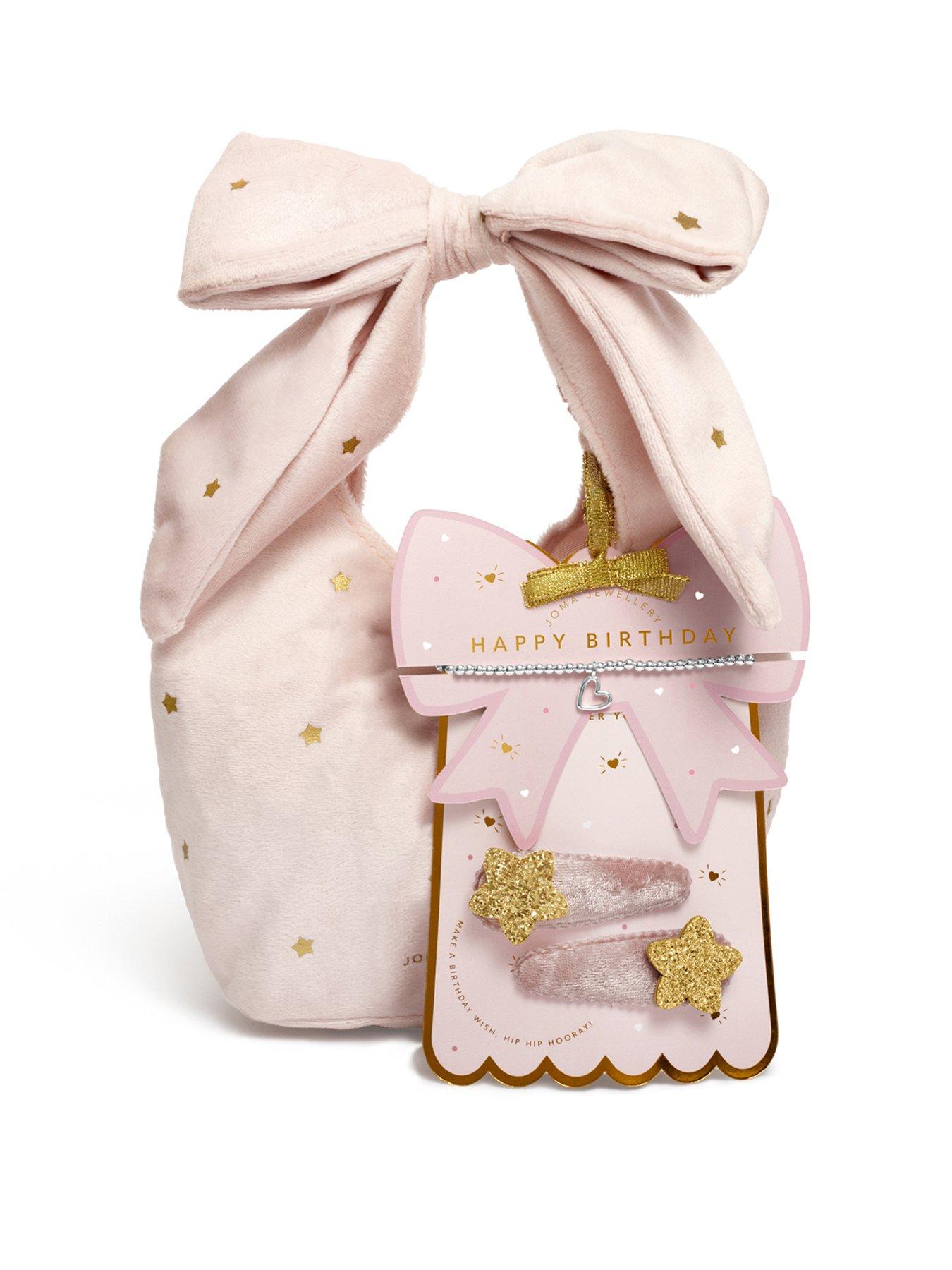 Katie Loxton KIDS' BOW HANDBAG A LITTLE GIFT SET , HAPPY BIRTHDAY , Silver Plated , Bracelet & Set of 2 Hair Clips , 15.5cm stretch